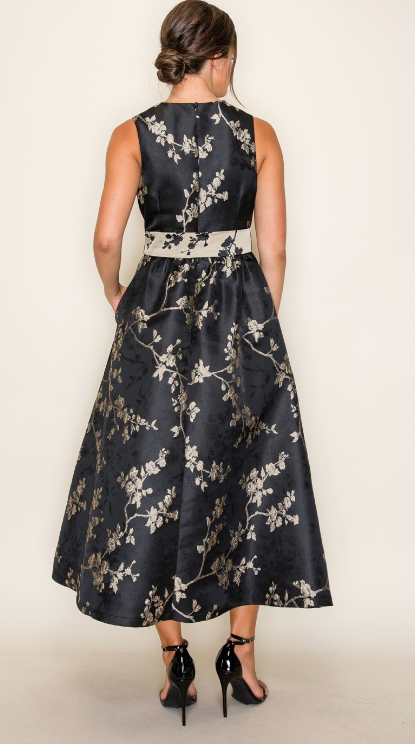 Fit & Flare with Bow Waist Floral Jacquard Midi Dress