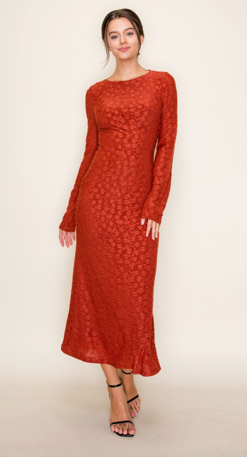 Stretch - Knit Boat Neck Long Sleeve Open Back Midi Dress