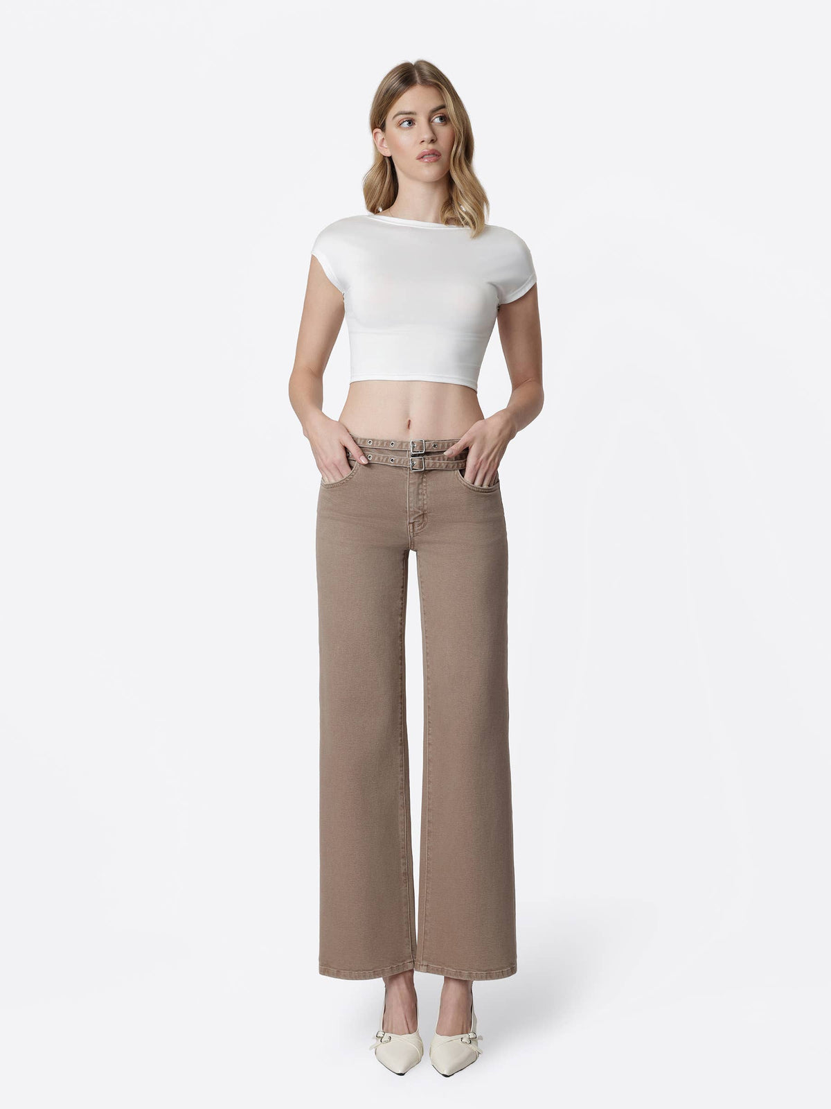 Low Rise Double Belted Mocha Wide Jeans