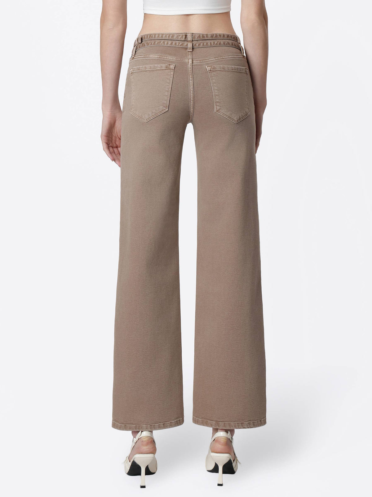 Low Rise Double Belted Mocha Wide Jeans