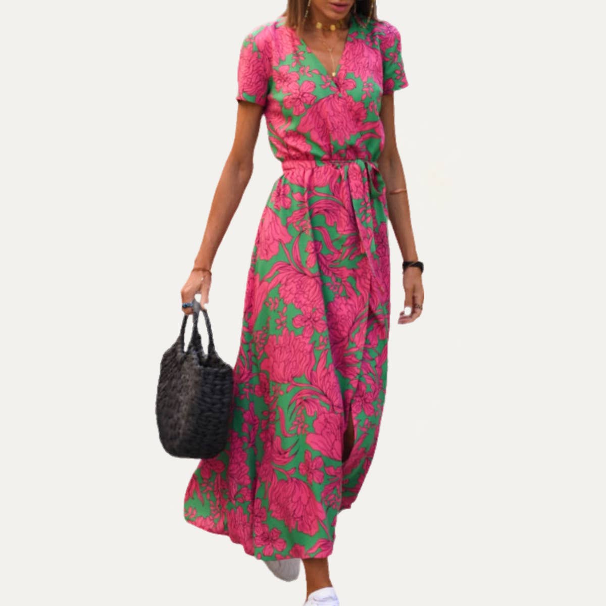 Final Sale - Classic Floral Print V Neck Short Sleeves Midi Dress