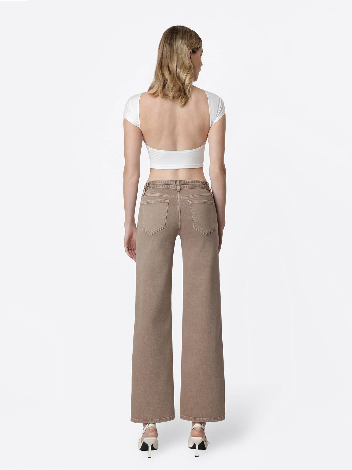 Low Rise Double Belted Mocha Wide Jeans