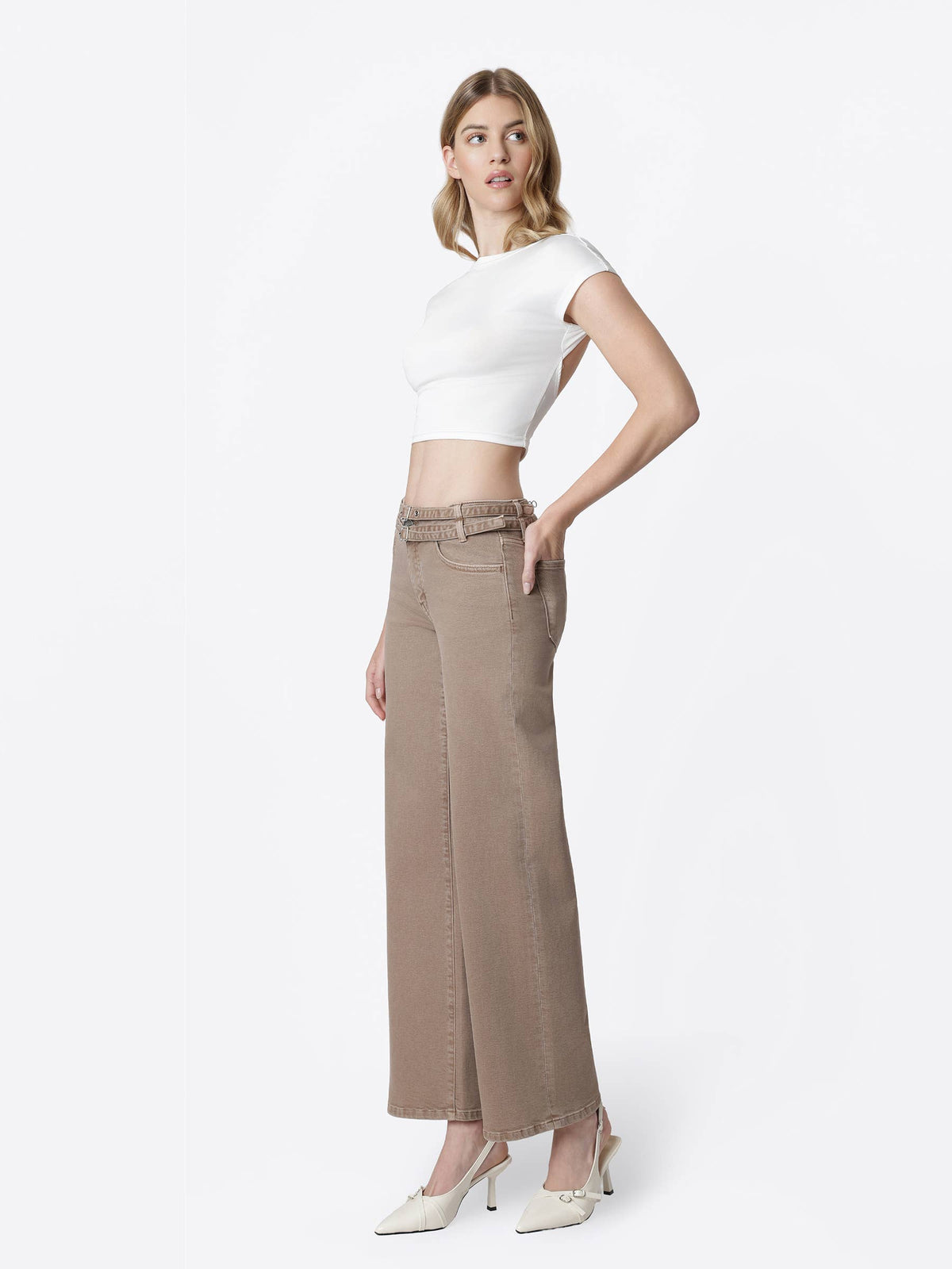 Low Rise Double Belted Mocha Wide Jeans