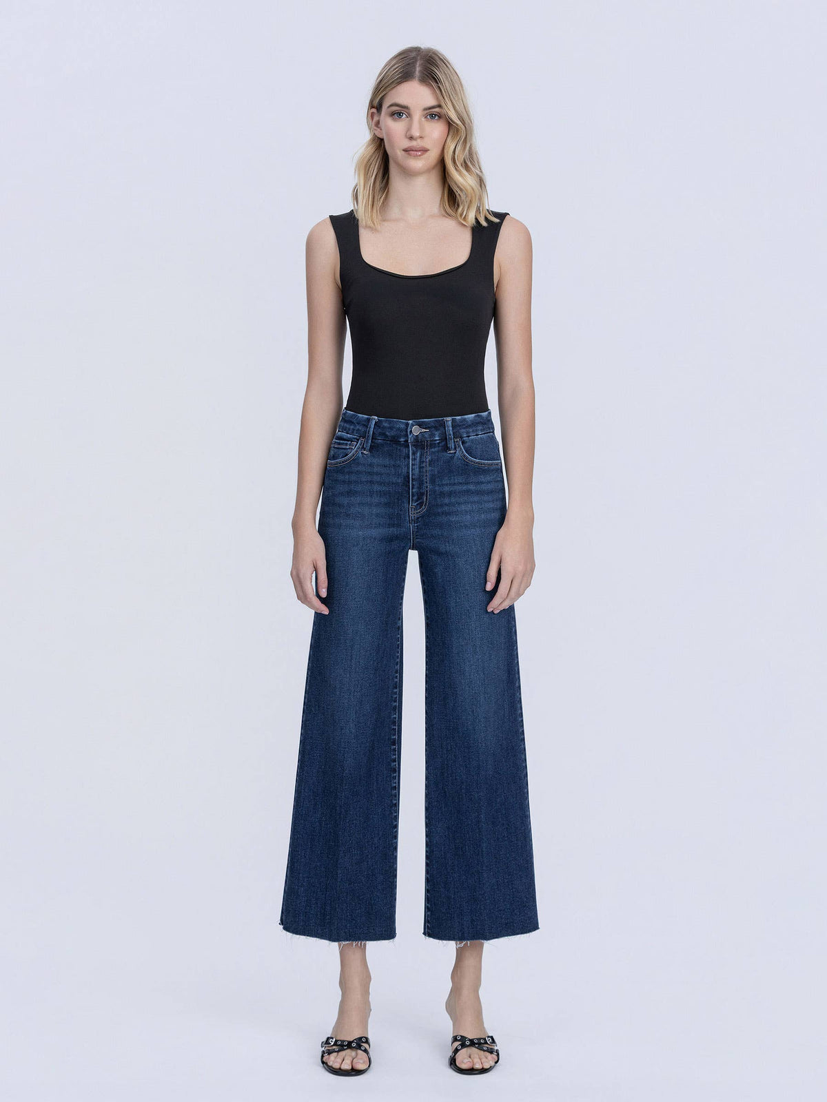 High Rise Trouser Fold Creases Crop Wide Leg Jeans