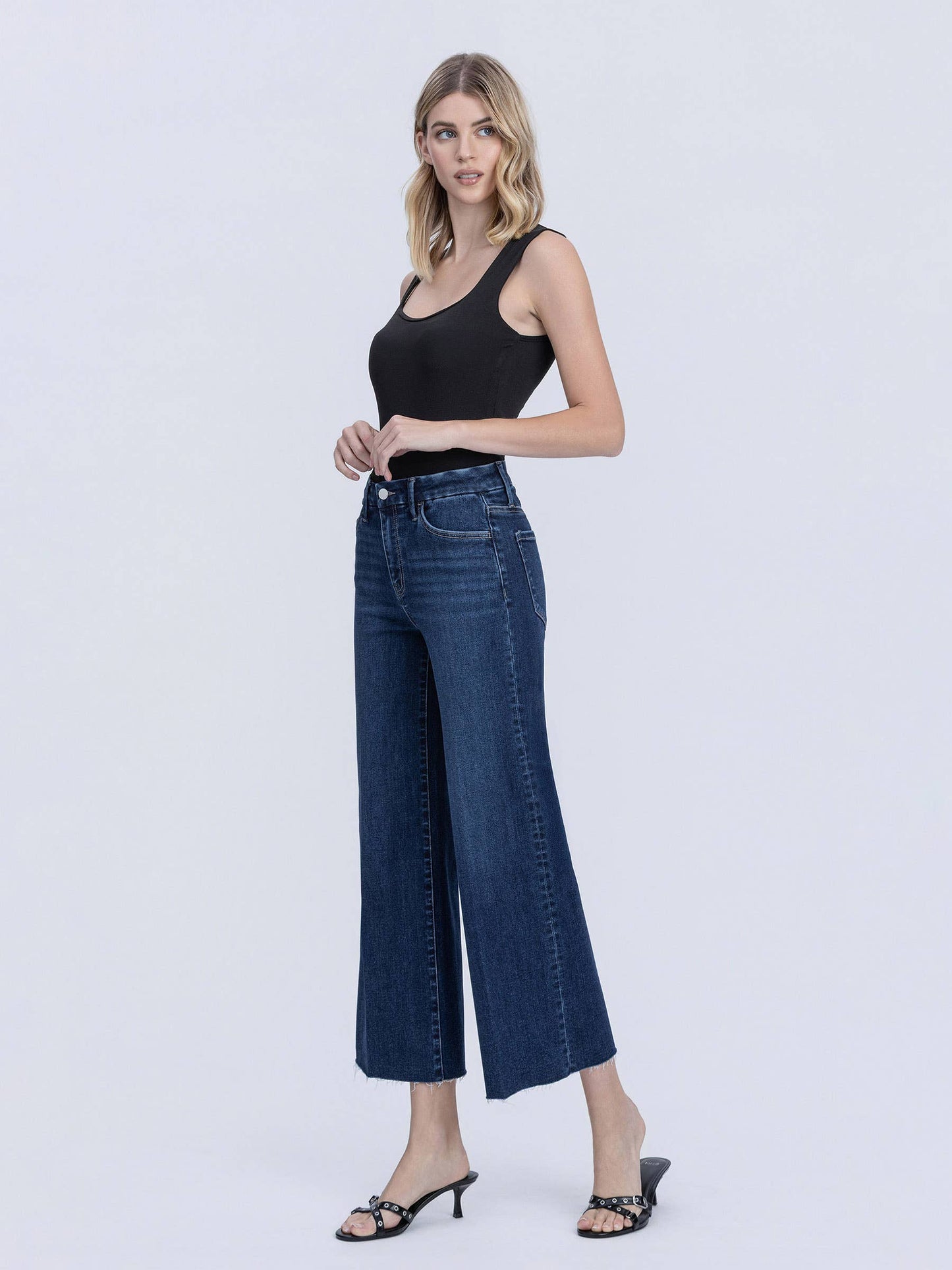 High Rise Trouser Fold Creases Crop Wide Leg Jeans