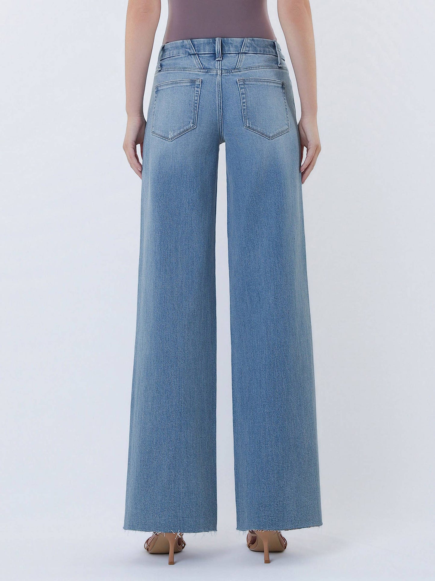Mid Rise Clean Cut Raw Hem Wide Leg Jeans