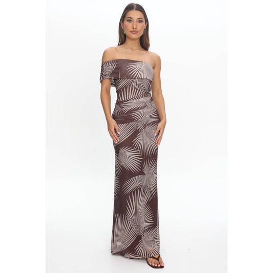 Asymmetric Off The Shoulder Palm Maxi Dress