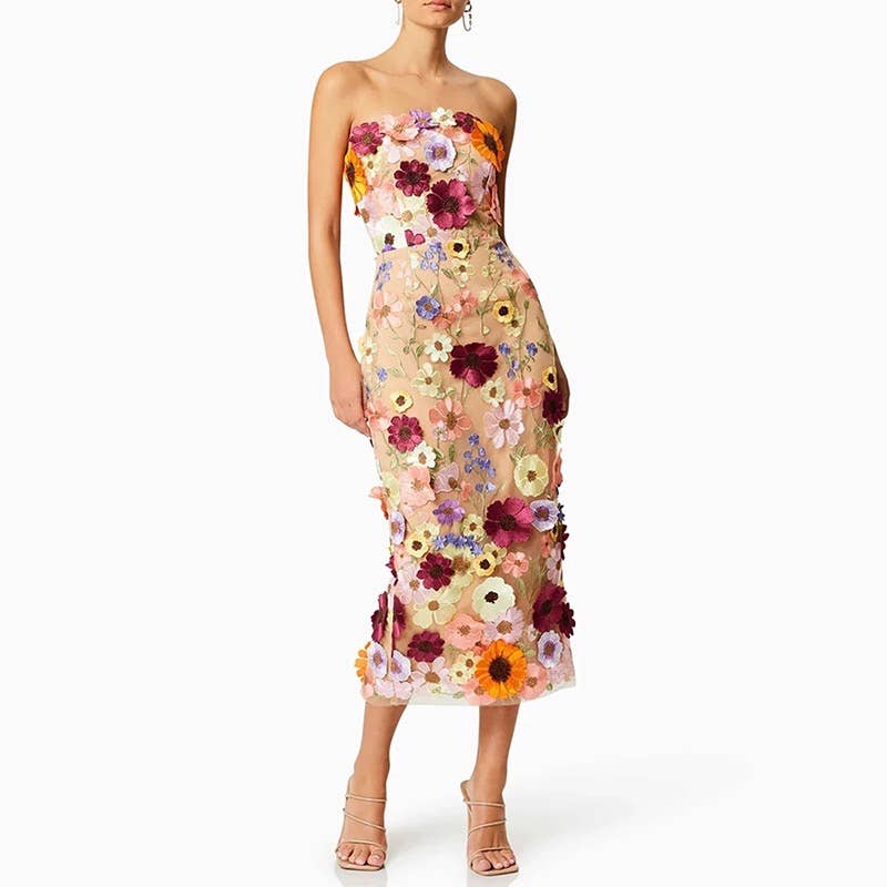 Floral Embroidered Slim Tube Dress