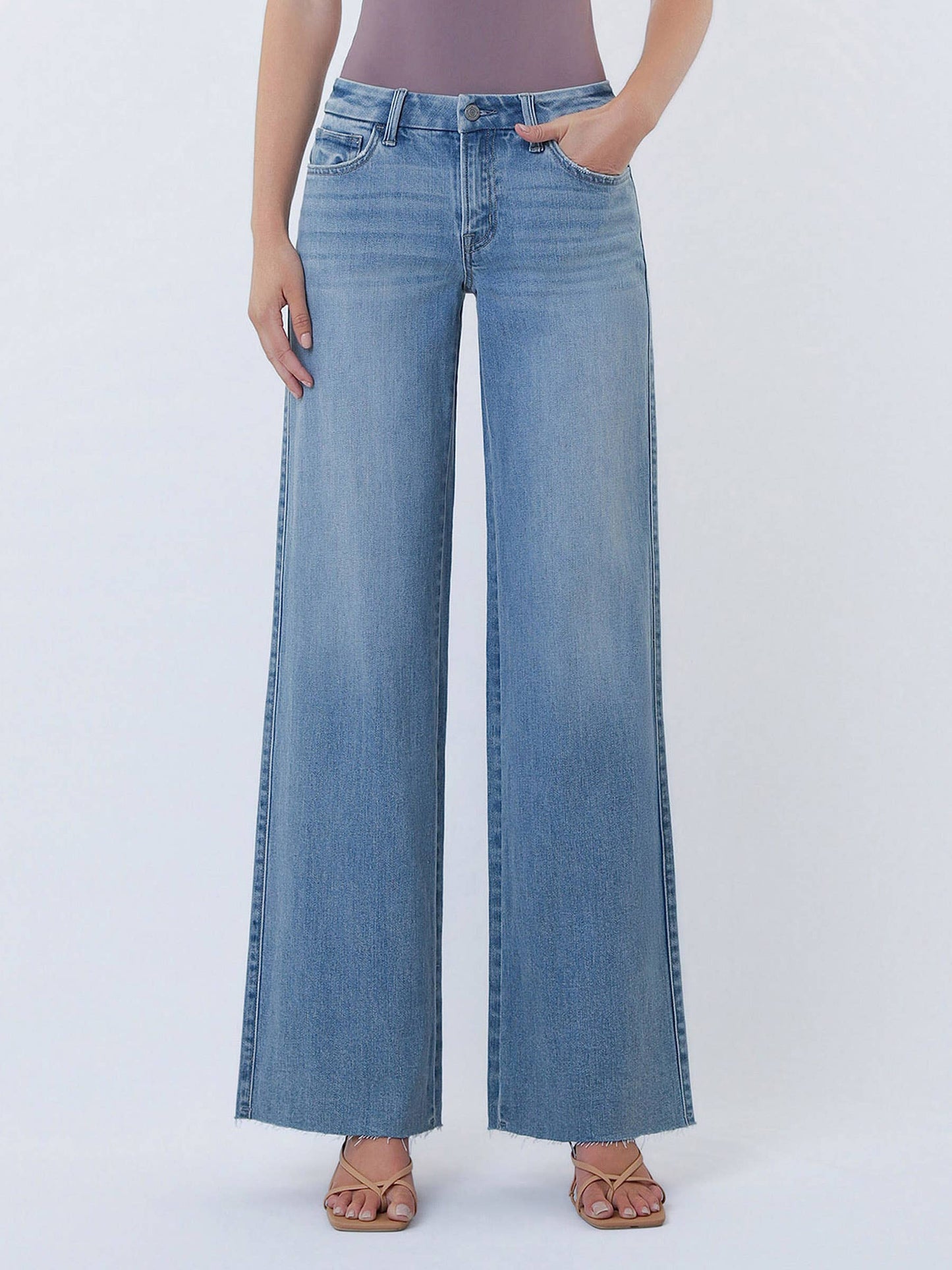 Mid Rise Clean Cut Raw Hem Wide Leg Jeans