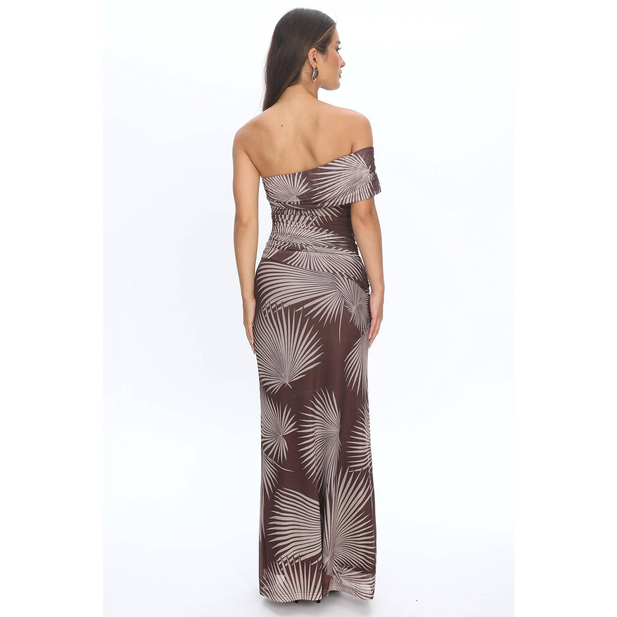 Asymmetric Off The Shoulder Palm Maxi Dress