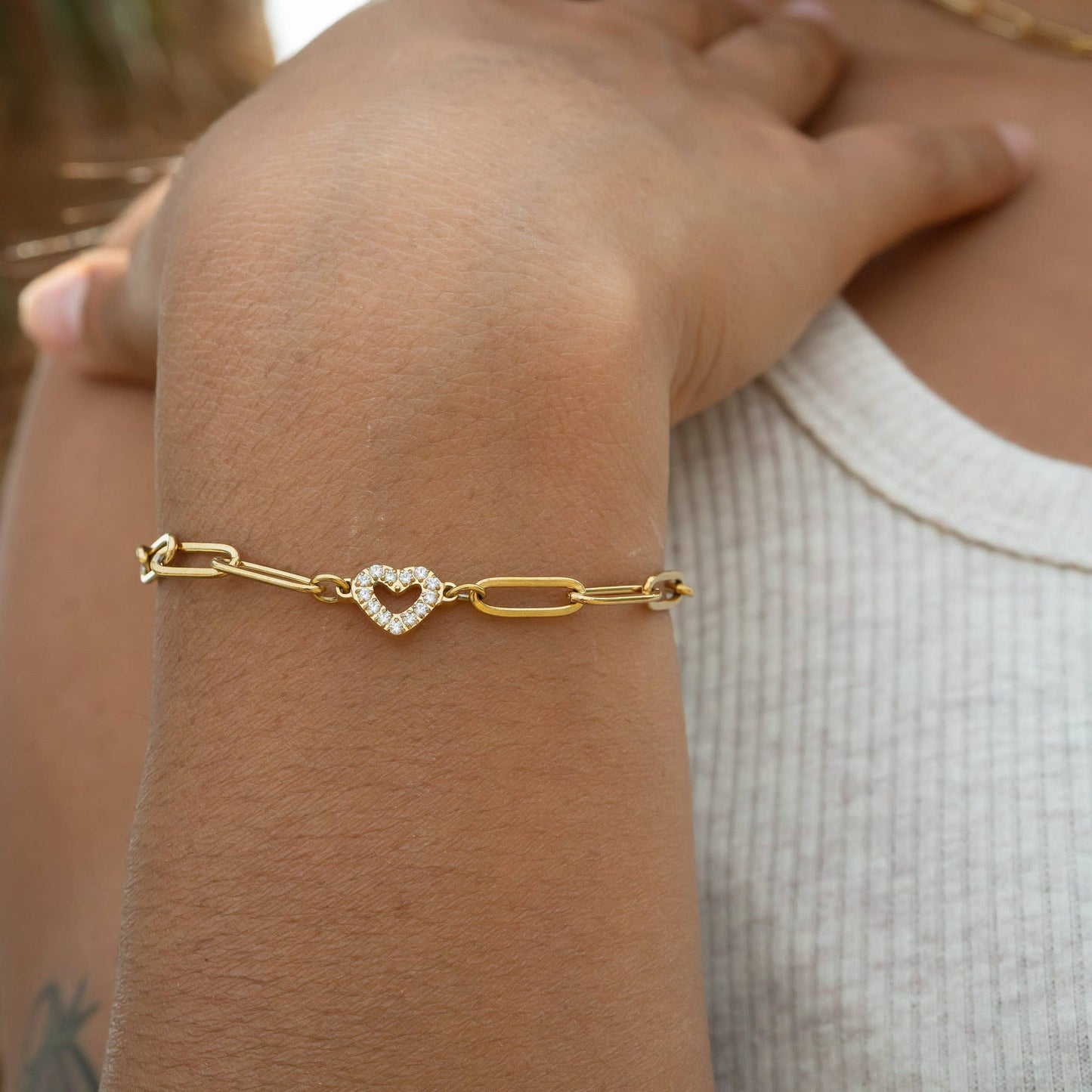 18K Gold PVD Stainless Steel "Heart" Paperclip Bracelet