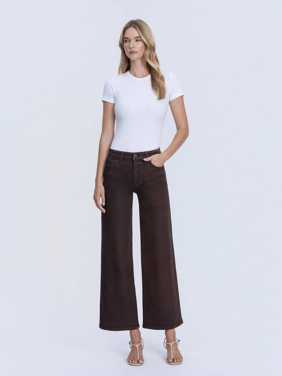 High Rise Coffee Coated Wide Leg Jeans