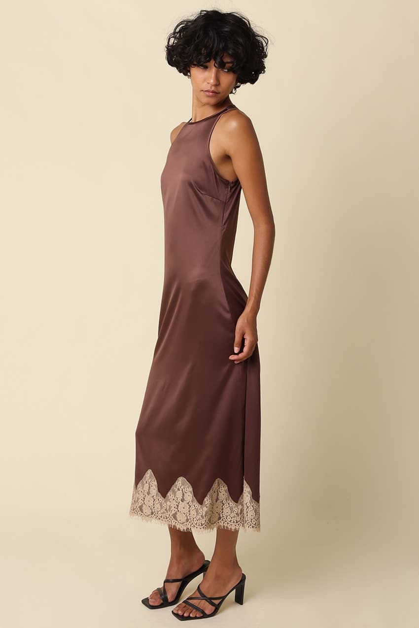 Zoe Lace Trim Satin Dress