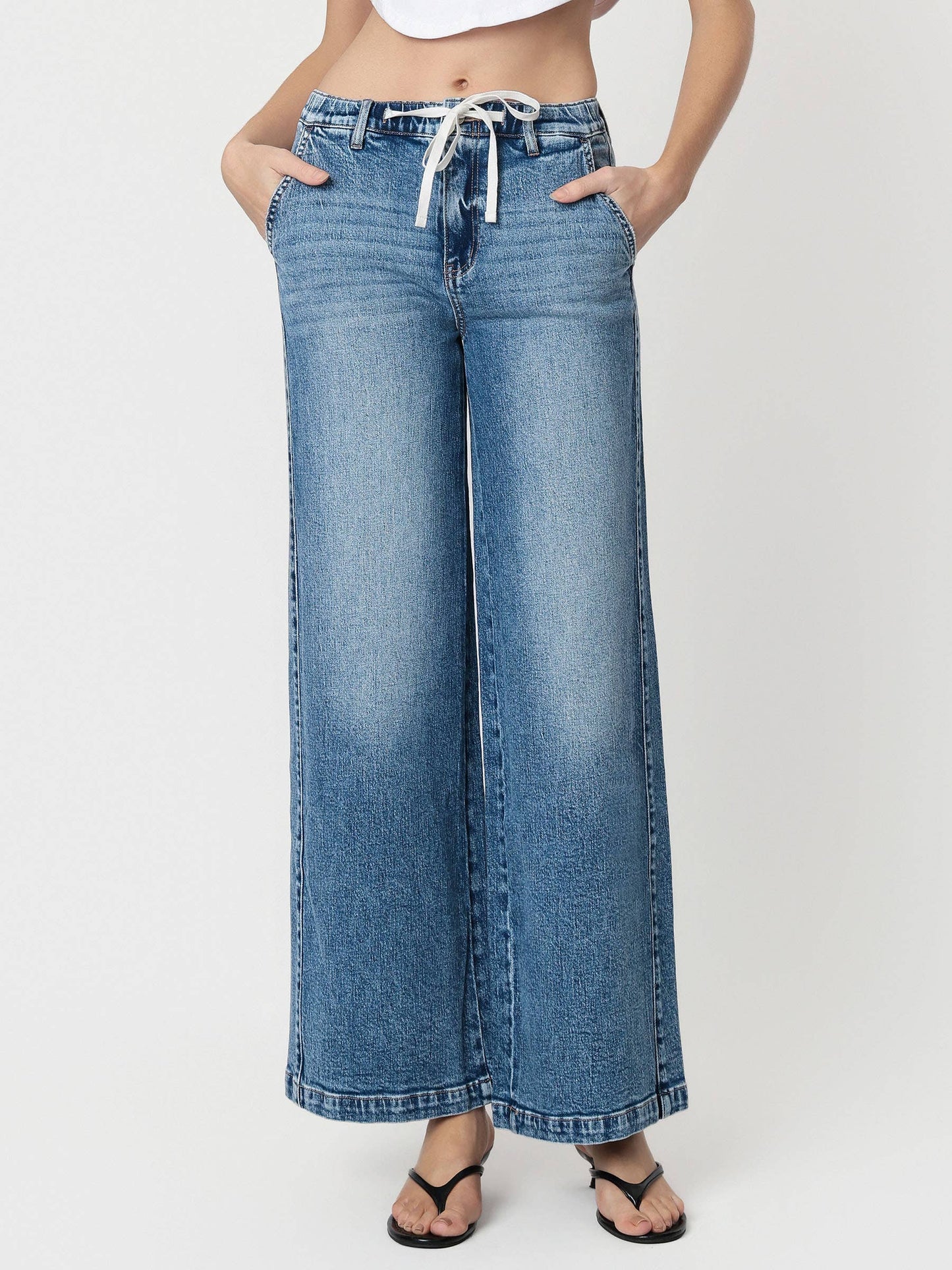 High Rise Medium Dark Waist Tie Twist Wide Jeans