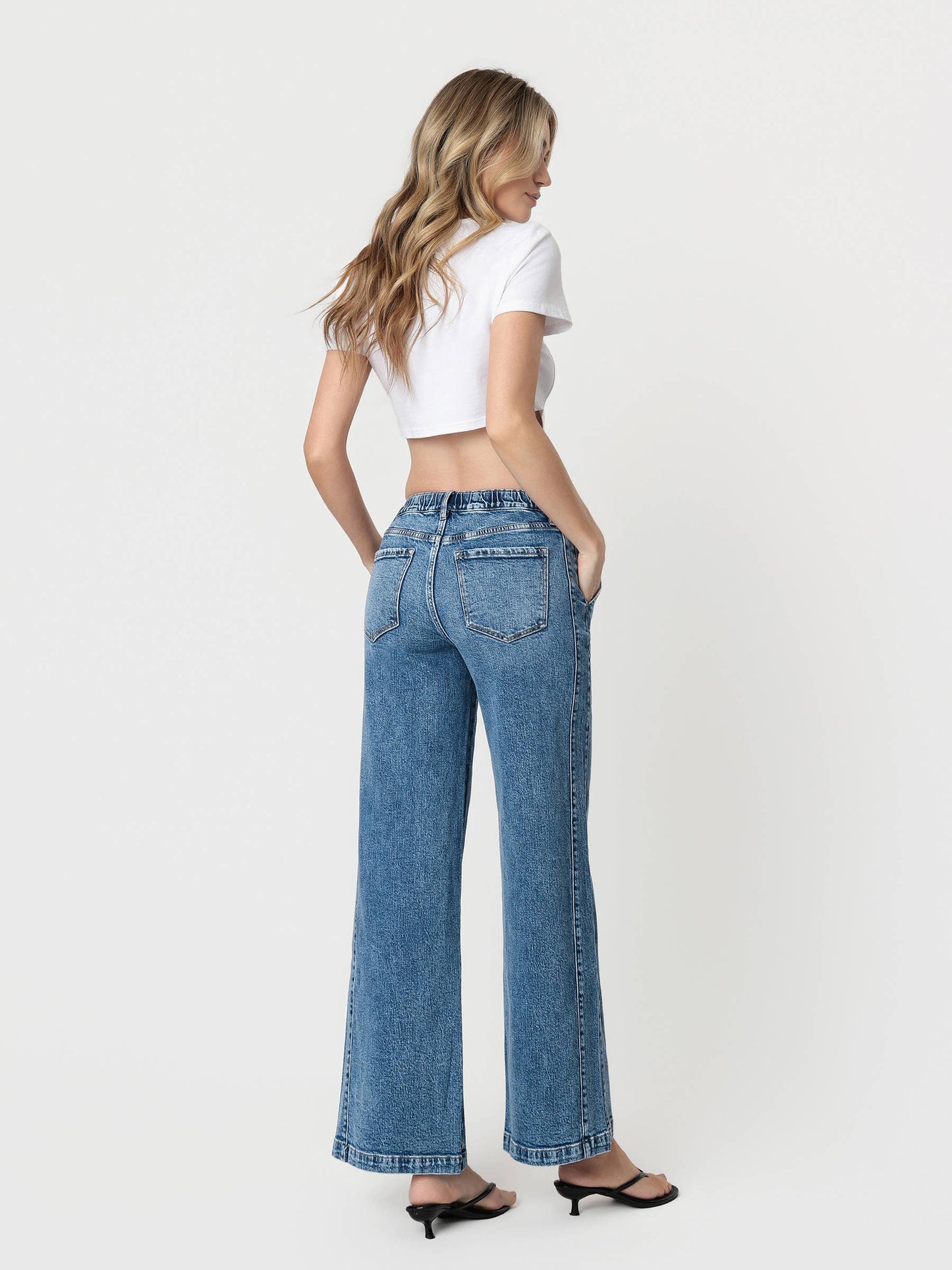 High Rise Medium Dark Waist Tie Twist Wide Jeans