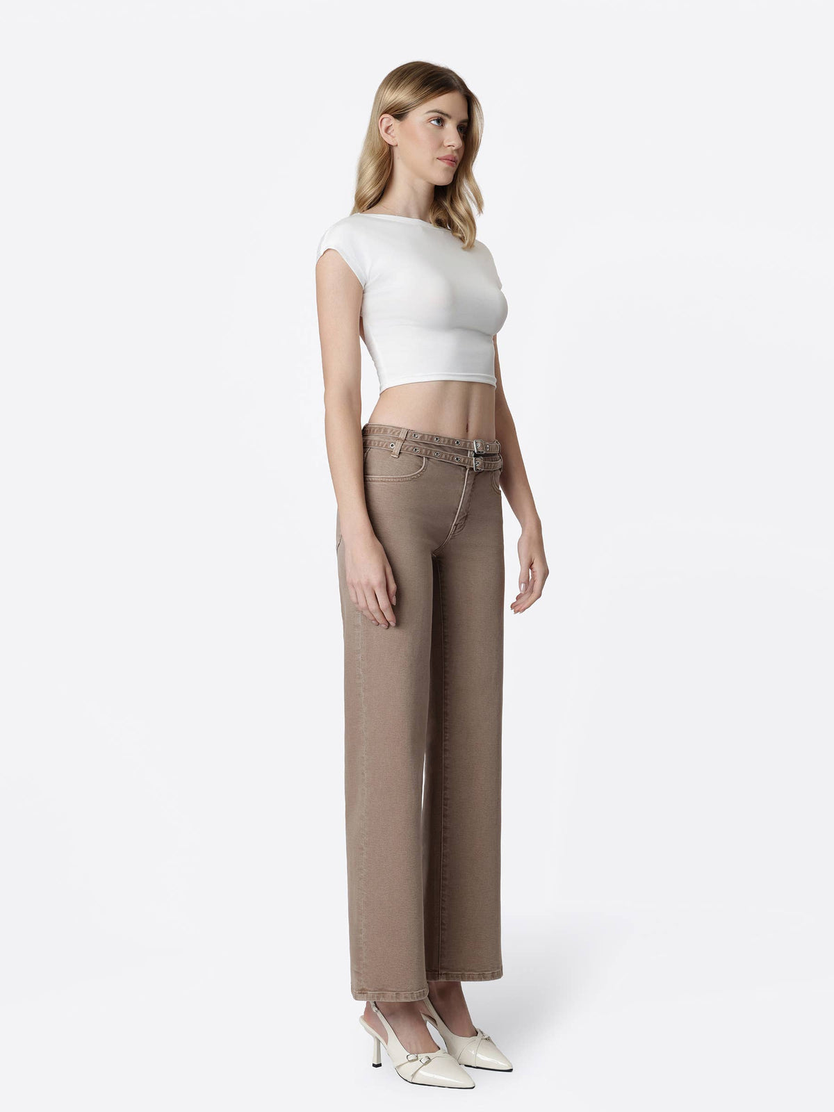 Low Rise Double Belted Mocha Wide Jeans