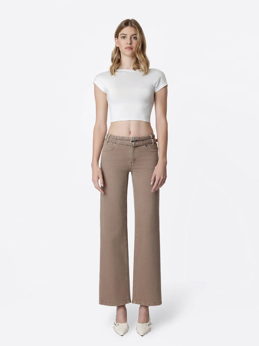 Low Rise Double Belted Mocha Wide Jeans