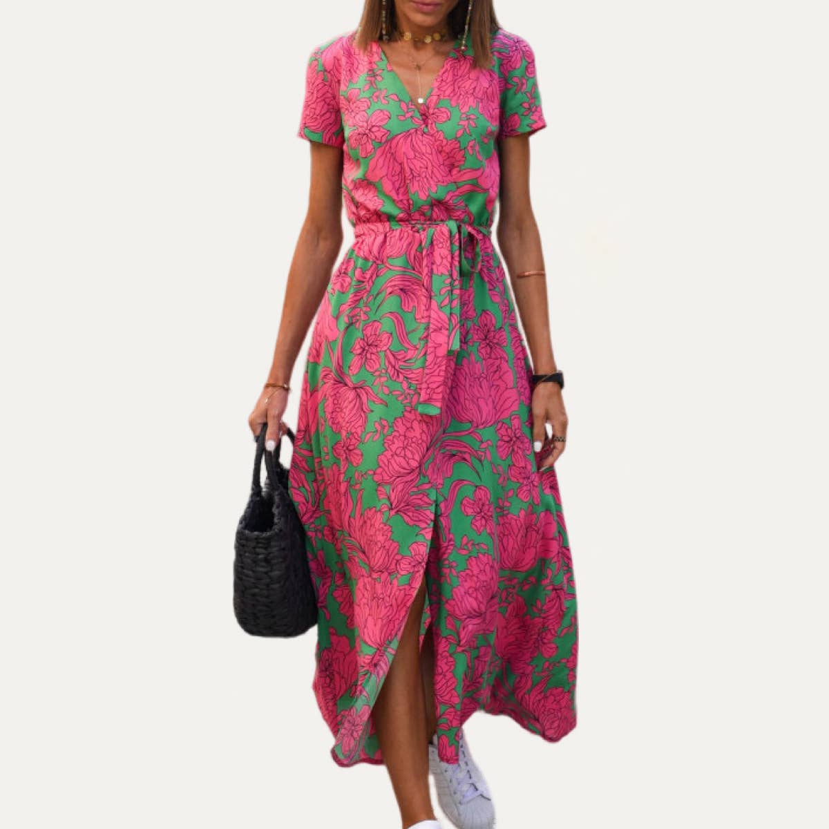Final Sale - Classic Floral Print V Neck Short Sleeves Midi Dress