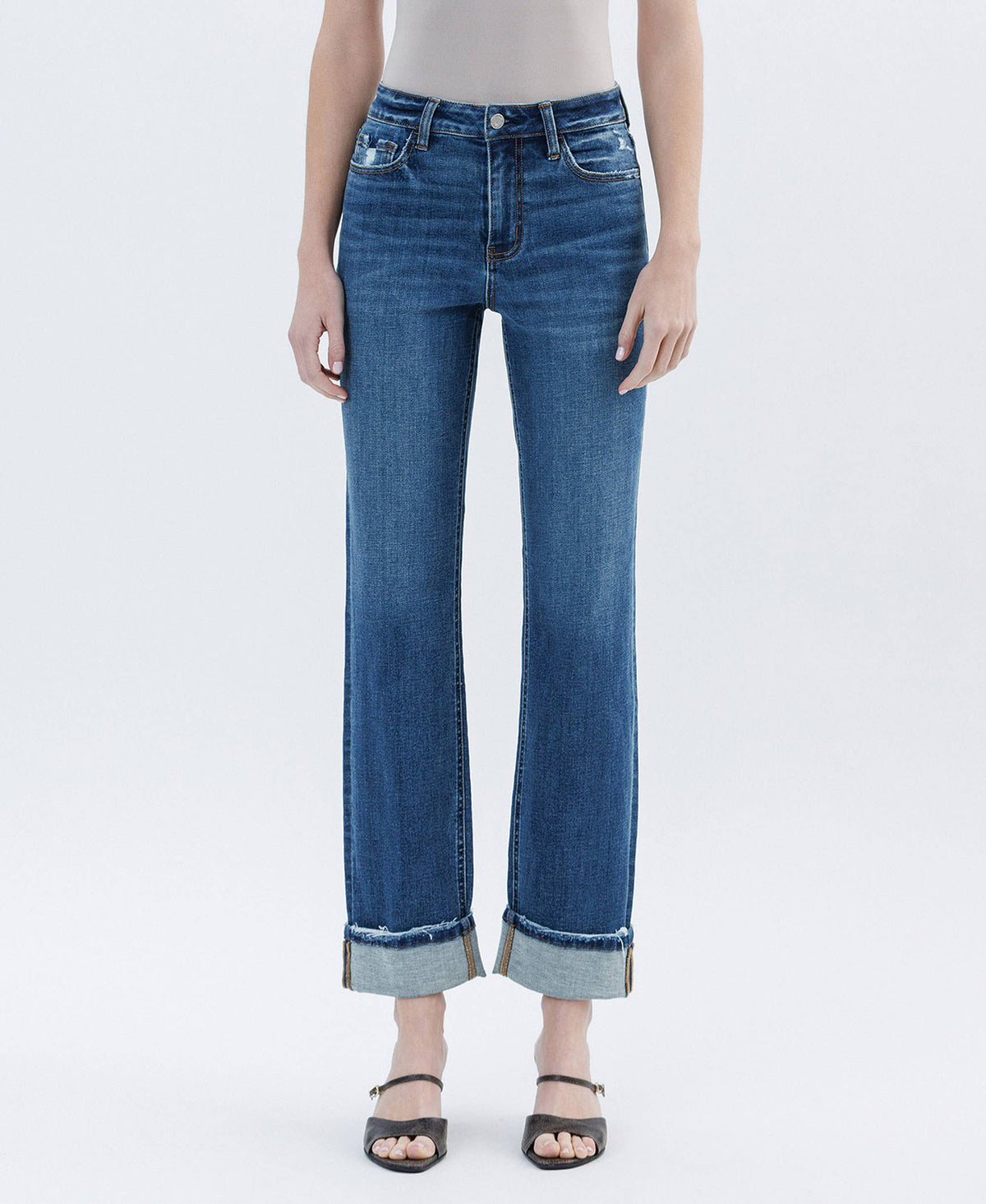 High Rise Dark Wash Cuffed Straight Jeans