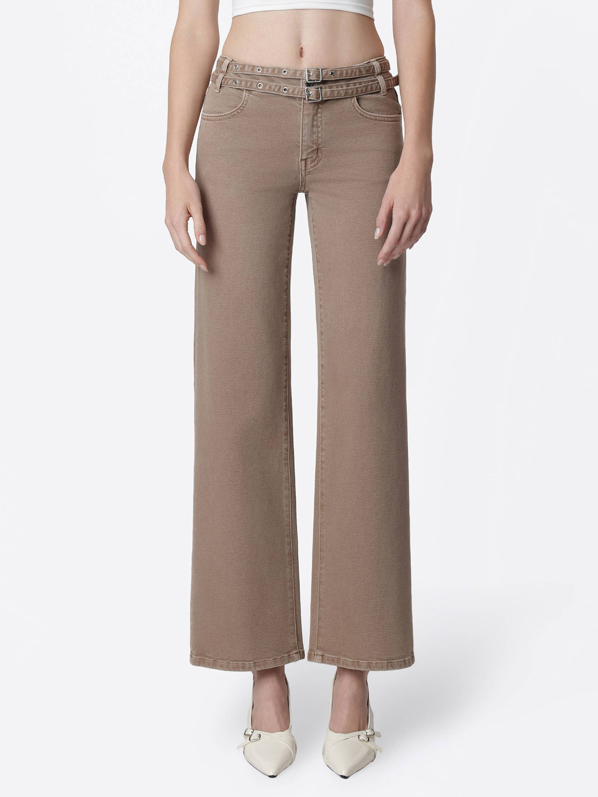Low Rise Double Belted Mocha Wide Jeans