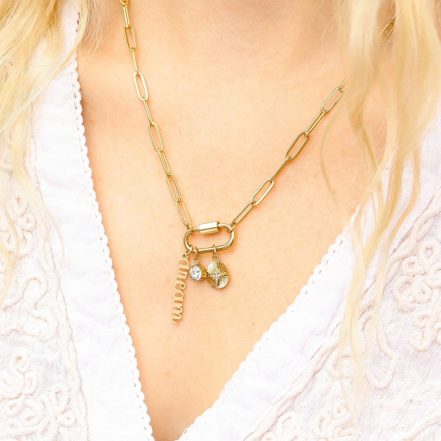 18K PVD Gold Carabiner "Dream" Paperclip Charm Necklace