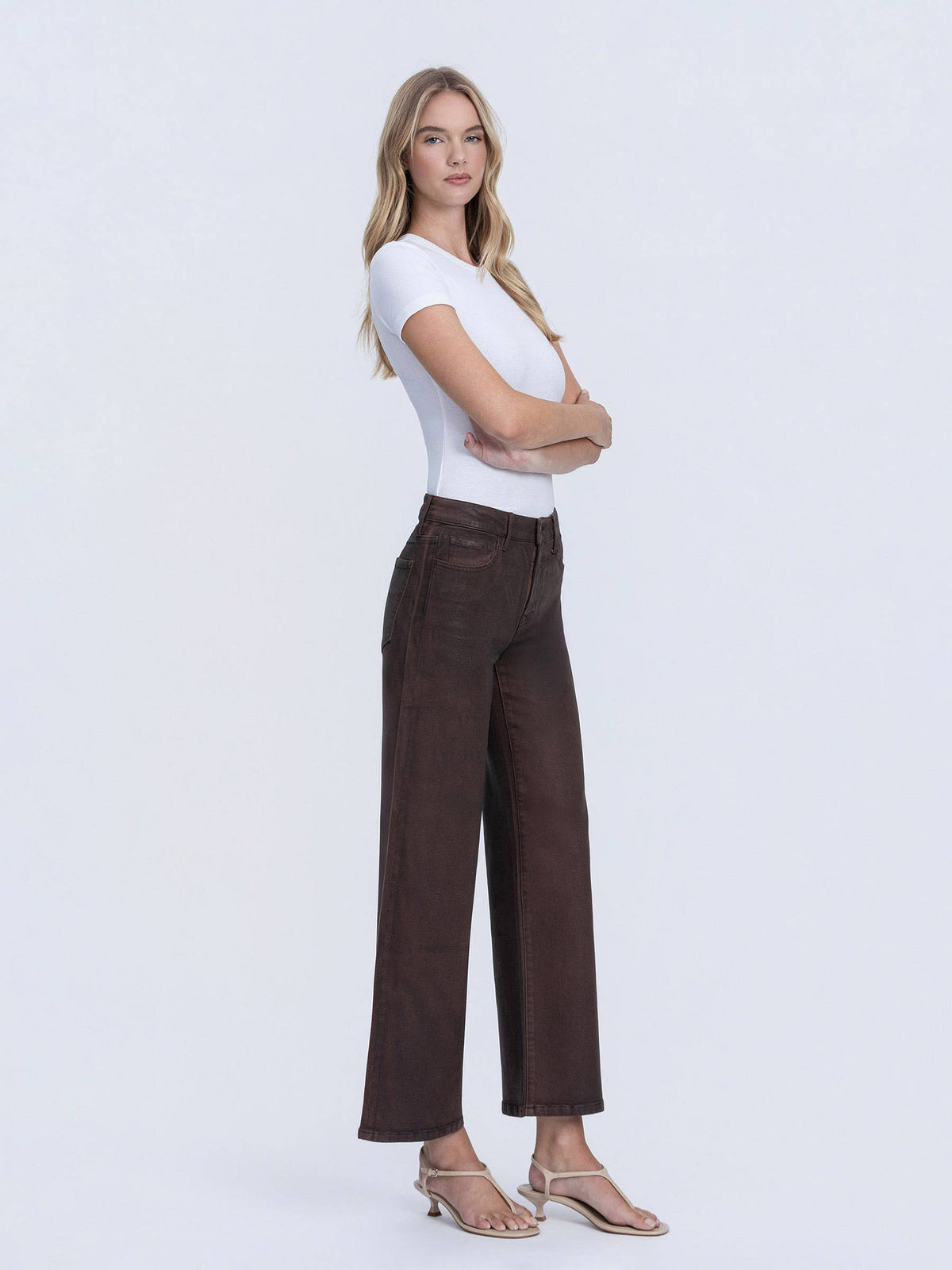 High Rise Coffee Coated Wide Leg Jeans