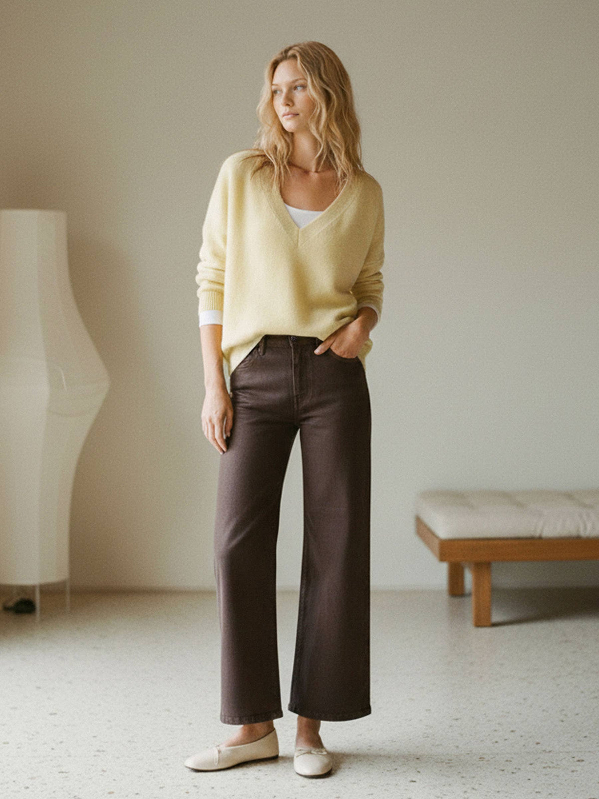 High Rise Coffee Coated Wide Leg Jeans