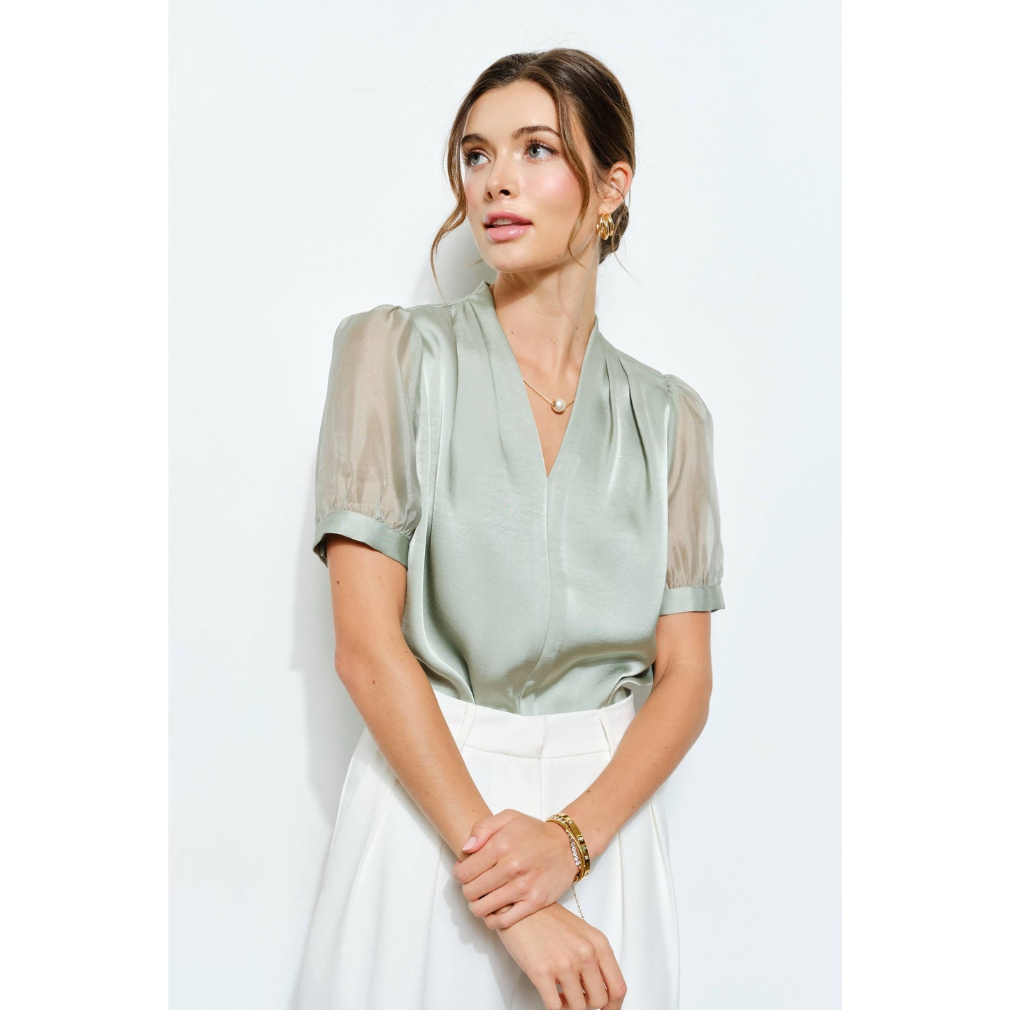 Sheer Puff Sleeve Satin V-Neck Blouse