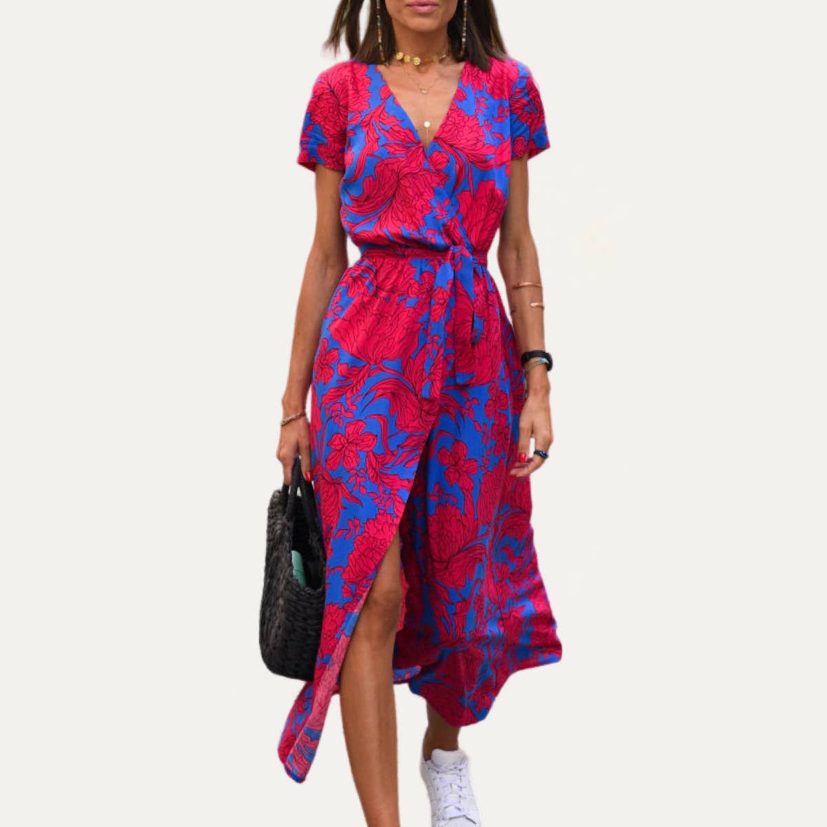 Final Sale - Classic Floral Print V Neck Short Sleeves Midi Dress