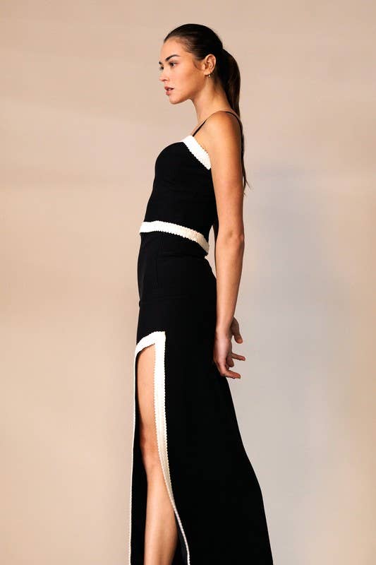 Final Sale - High Waisted Midi Skirt With Slit And Contrast