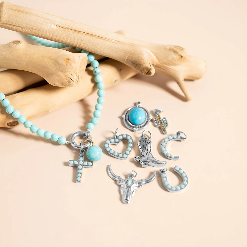 18K Gold PVD Stainless Steel Turquoise Stone Cross Charm