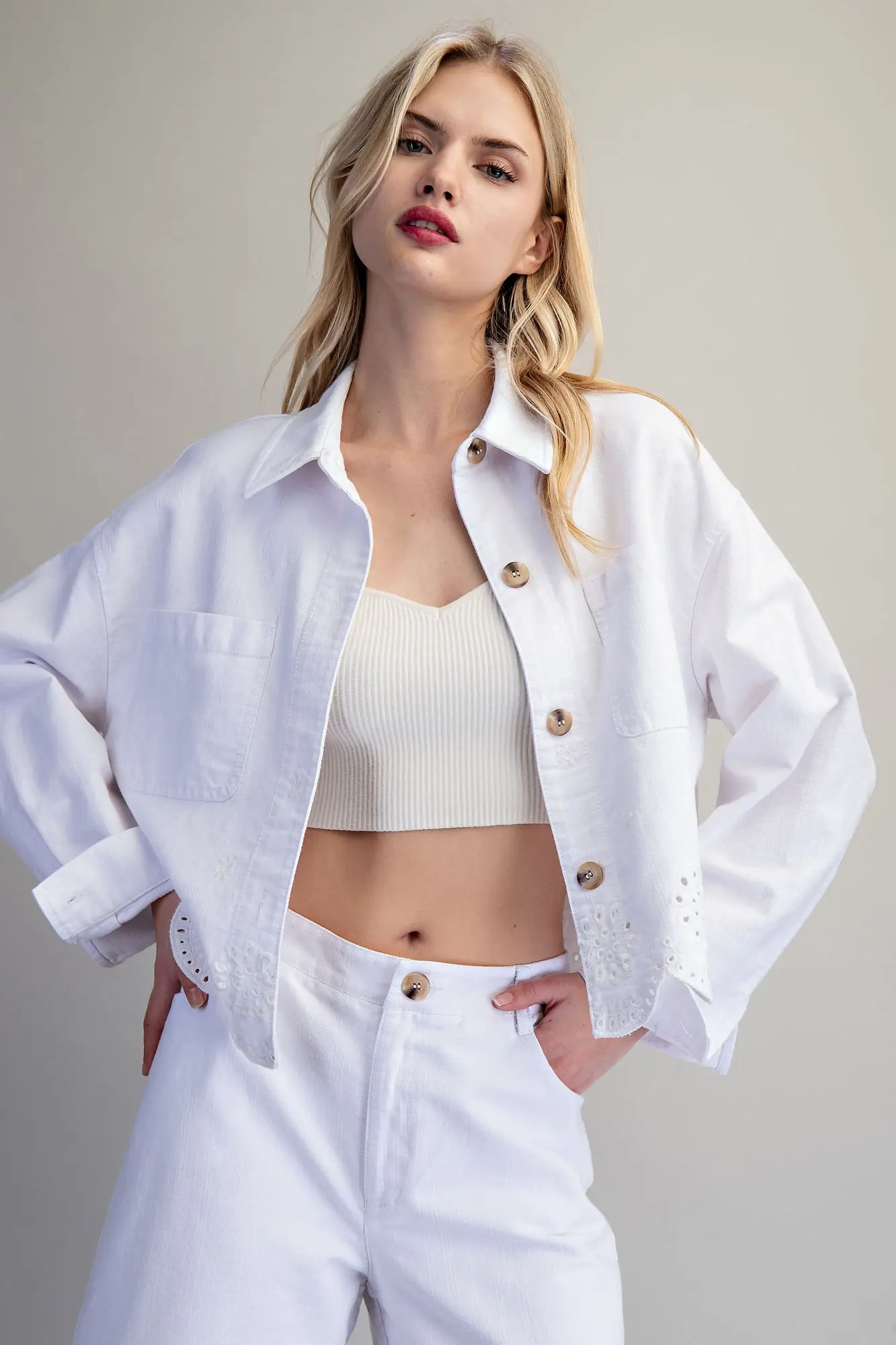 Button Down Eyelet Hem Jacket