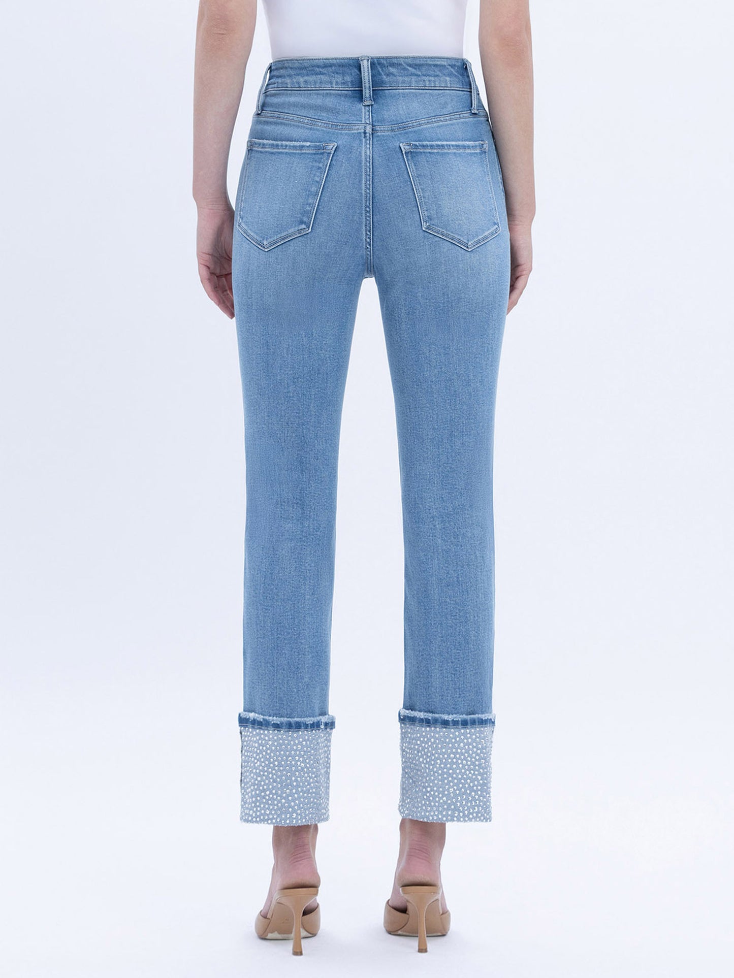 High Rise Rhinestone Cuffed Slim Straight Jeans
