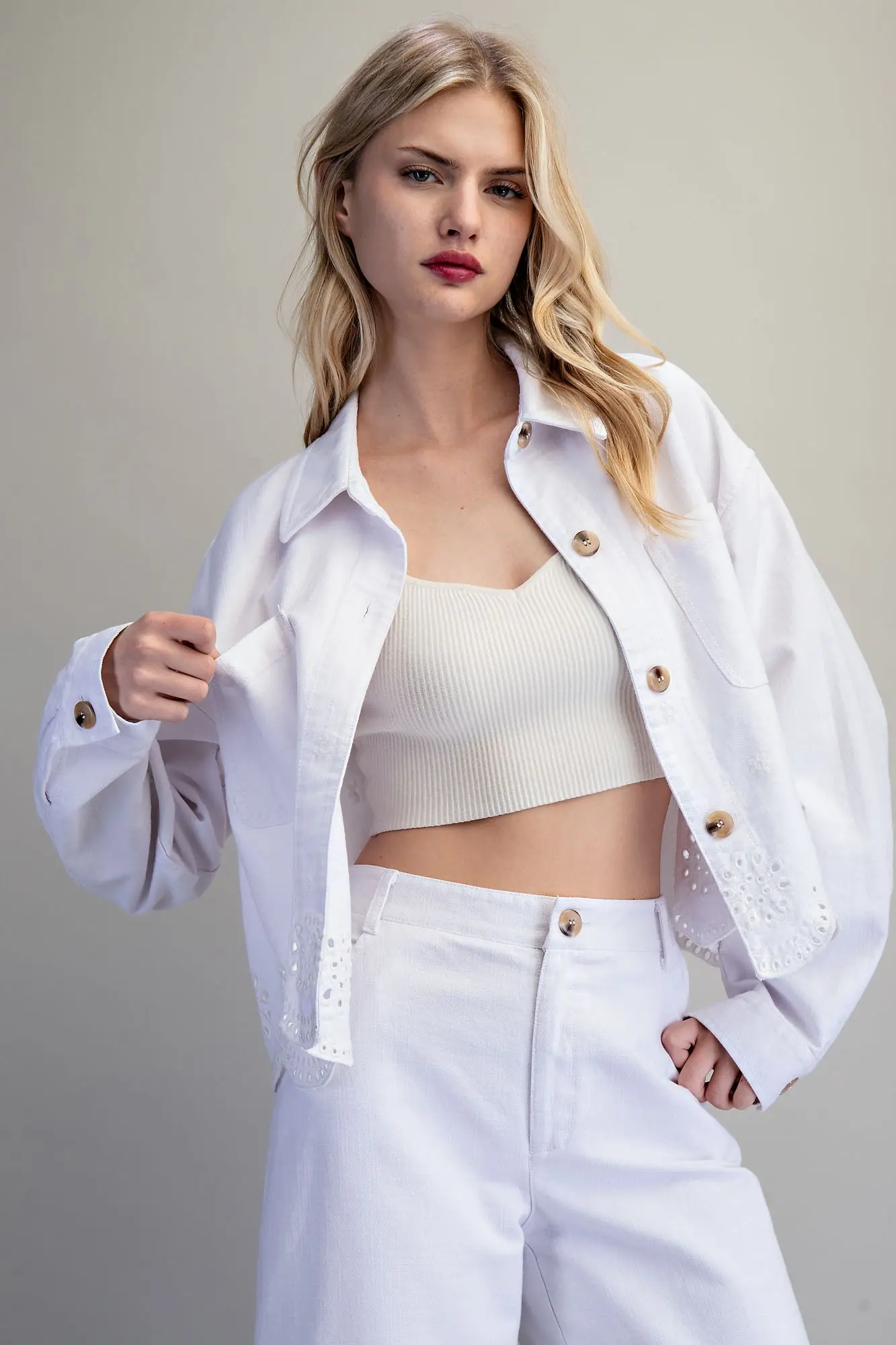 Button Down Eyelet Hem Jacket