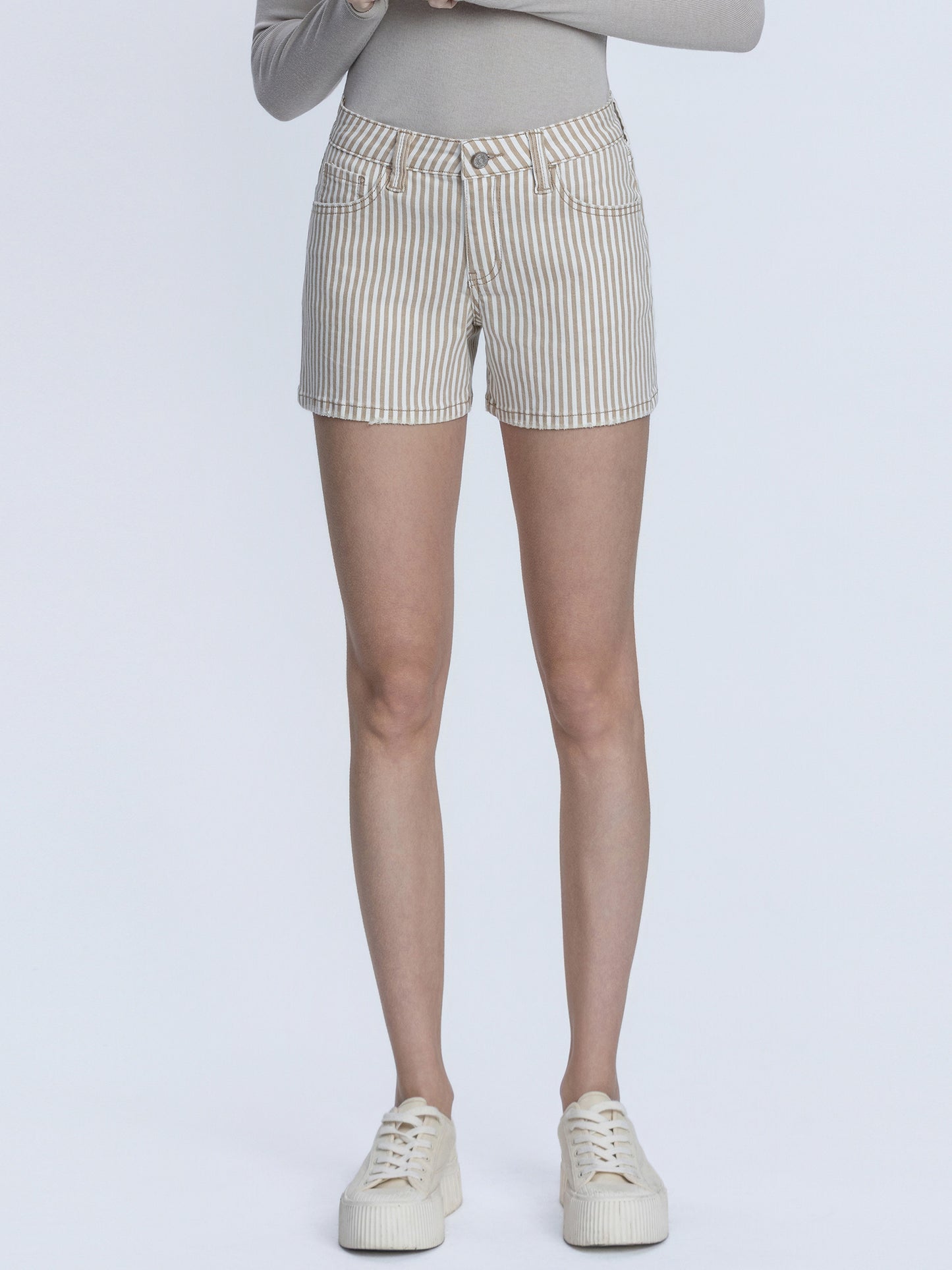 Mid Rise Tan Colored Stripe Mom Shorts