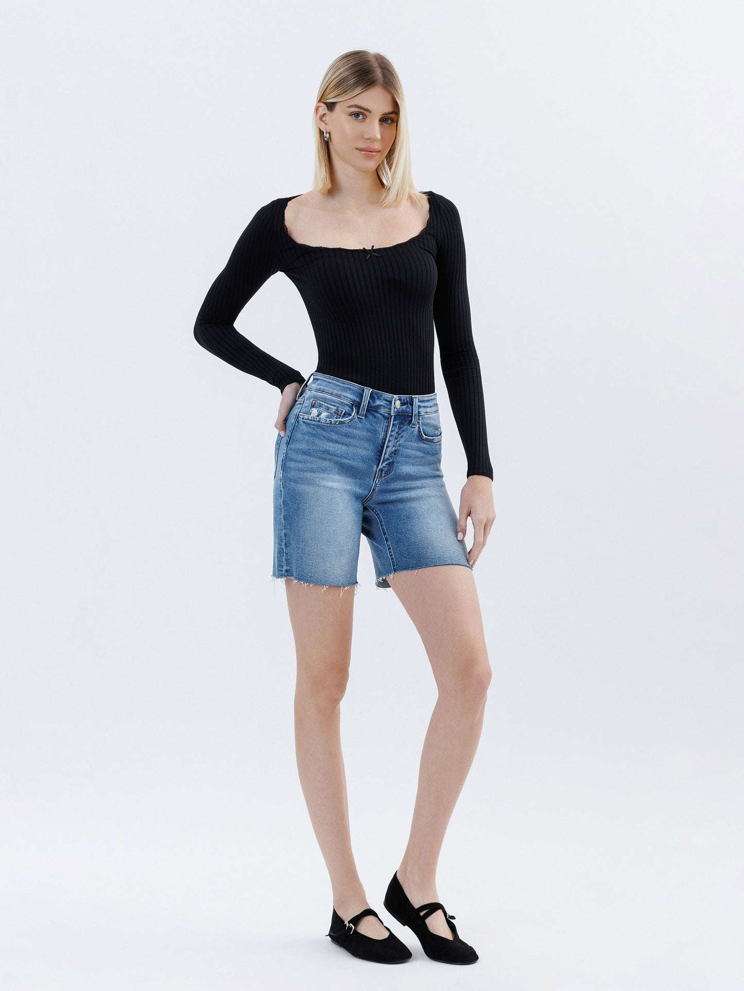 High Rise Raw Hem Bermuda Shorts