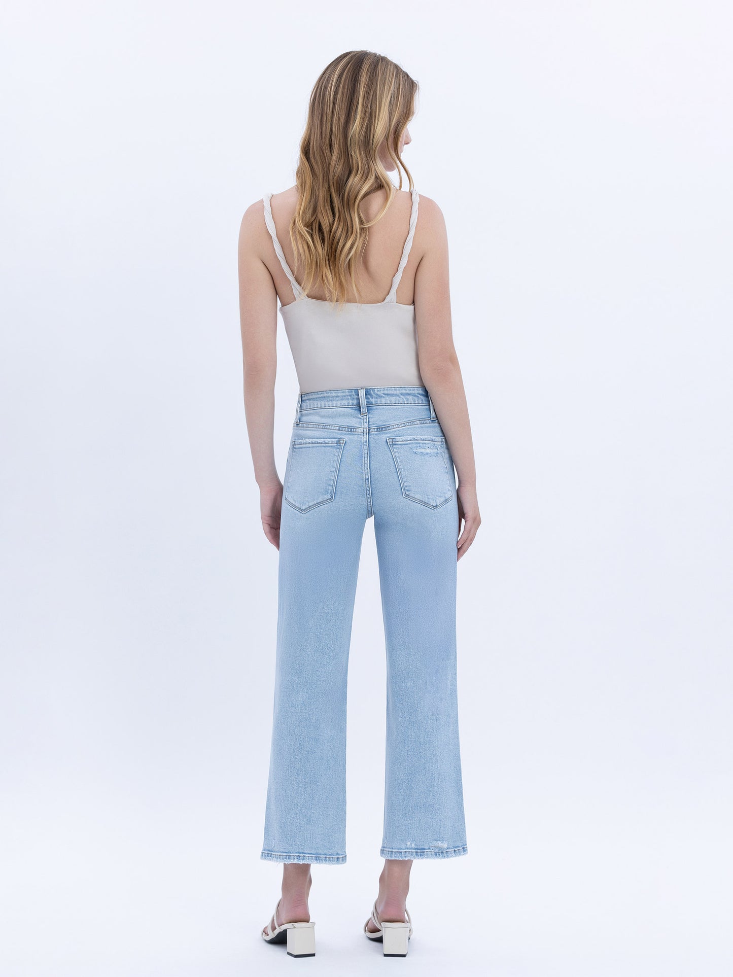 High Rise Light Wash Crop Slim Wide Leg Jeans