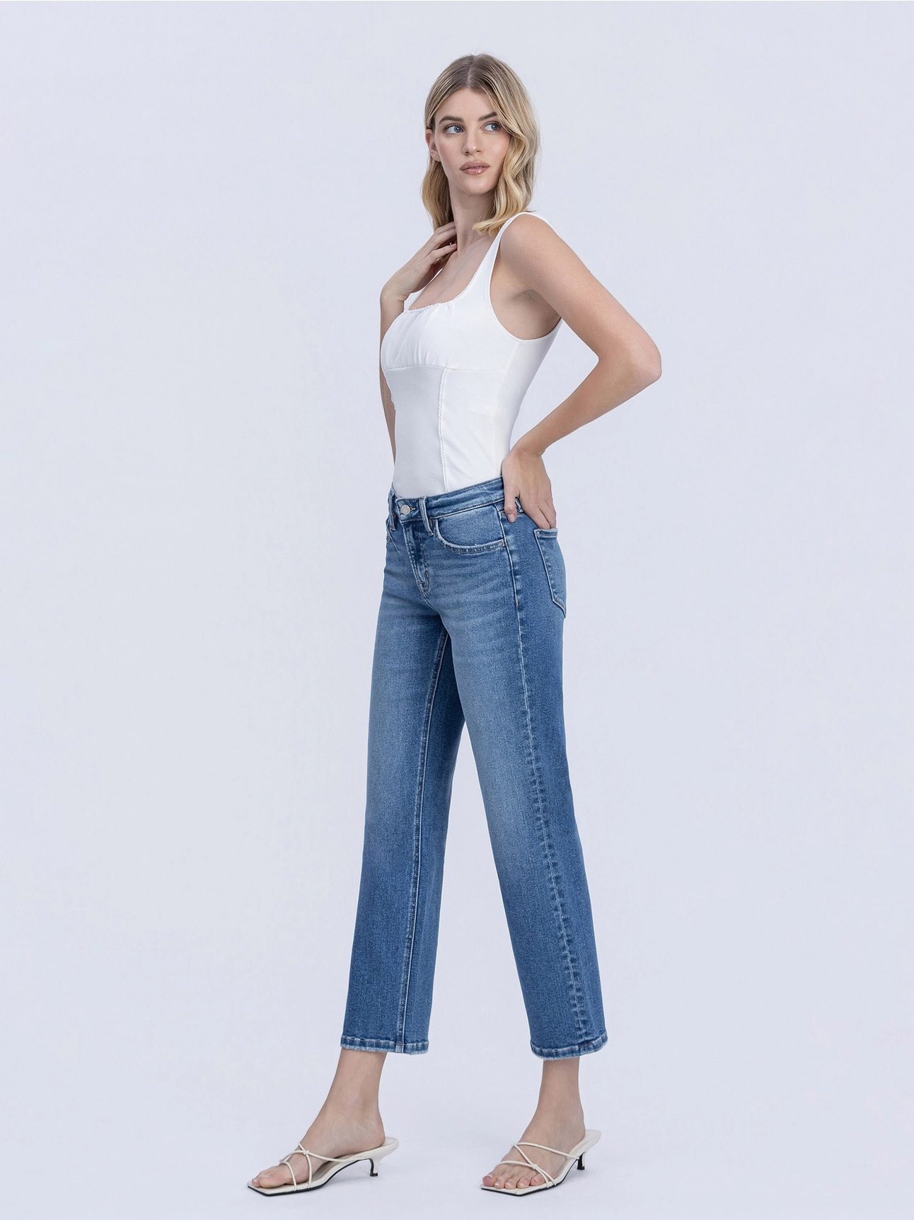 Mid Rise Medium Dark Wash Ankle Straight Jeans