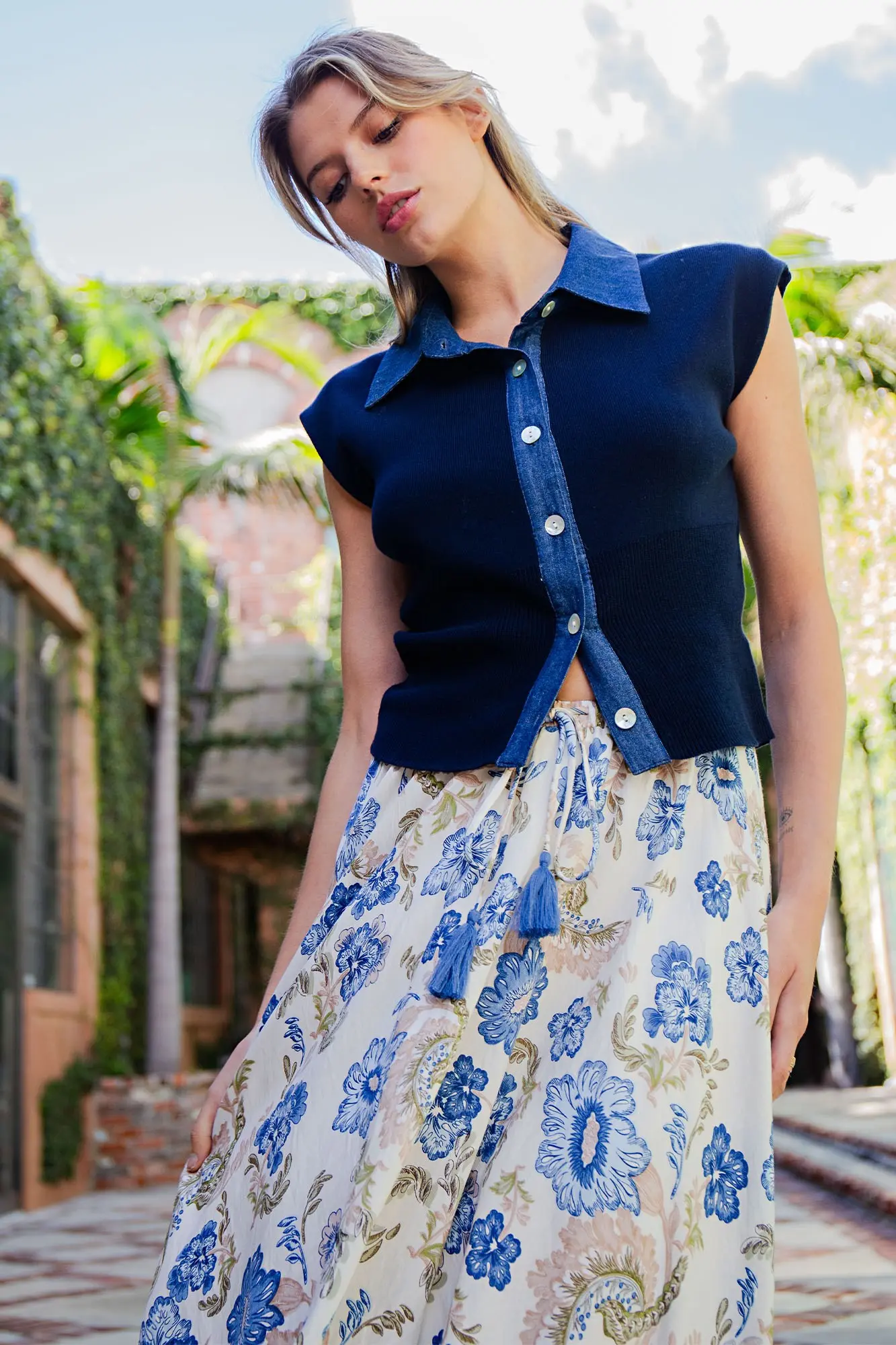 Denim Contrast Cap Sleeve Knit Top