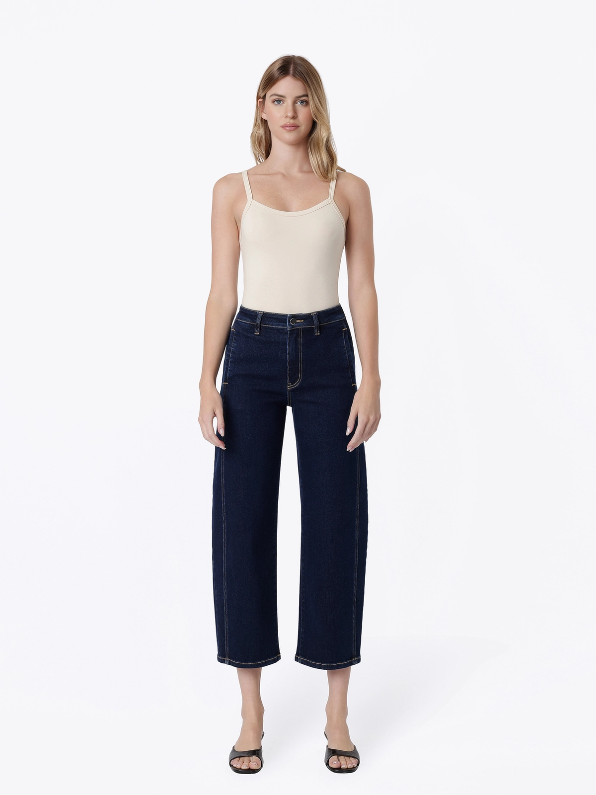 High Rise Seam Detail Welt Pocket Barrel Jeans