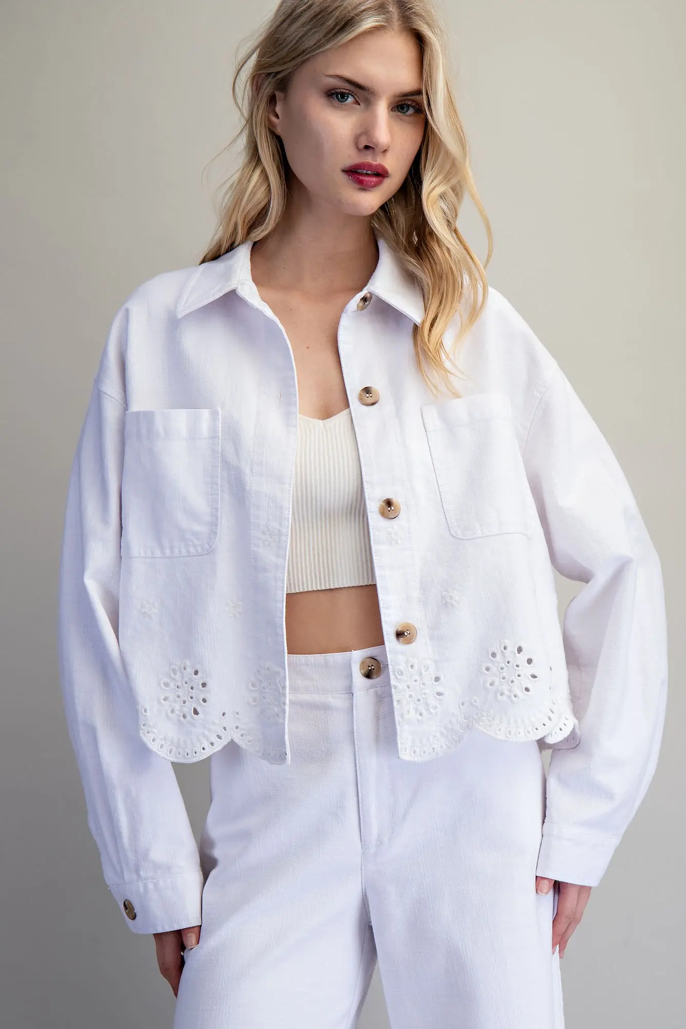 Button Down Eyelet Hem Jacket