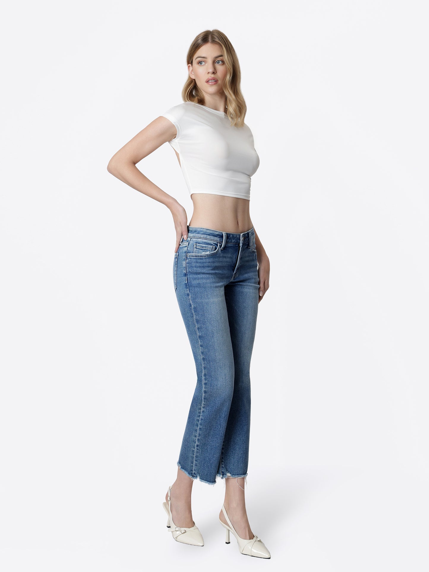 Mid Rise Distressed Hem Crop Straight Jeans