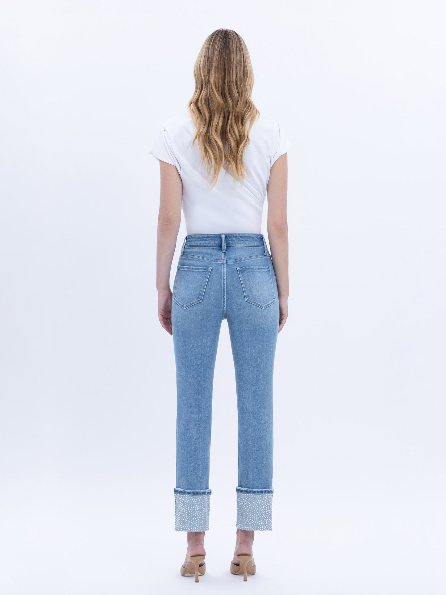 High Rise Rhinestone Cuffed Slim Straight Jeans