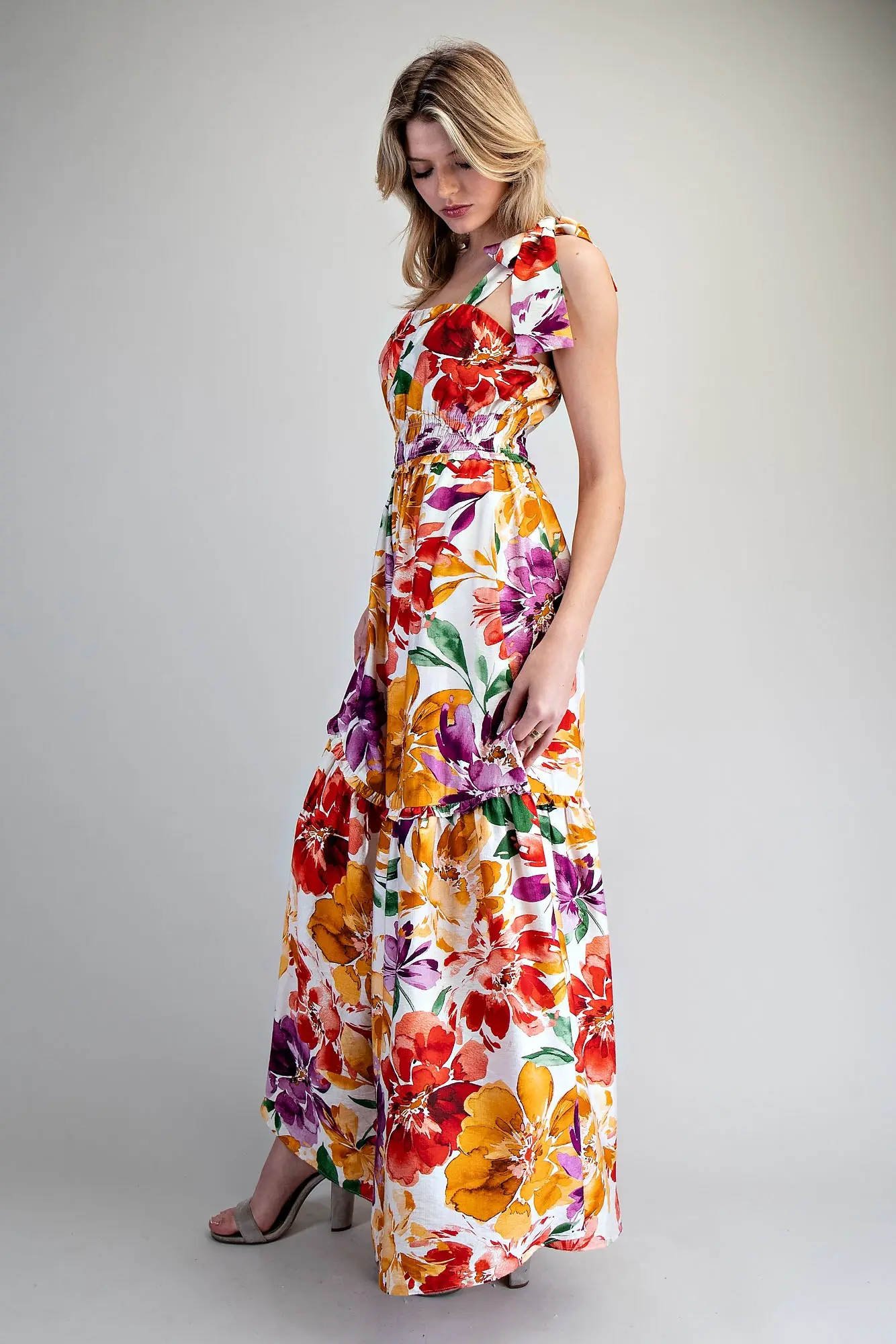 Floral Printed Tie Strap Maxi Dress