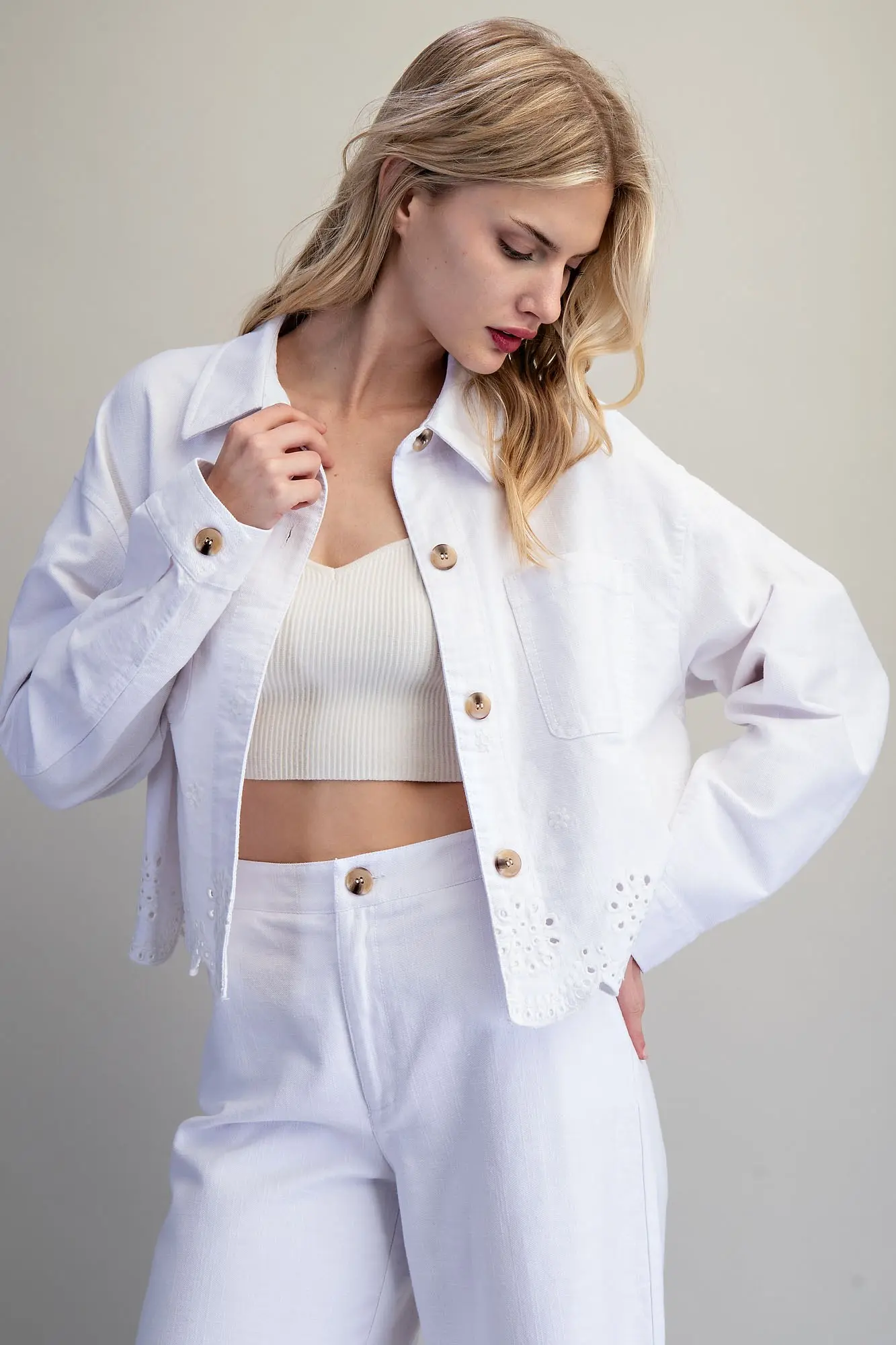 Button Down Eyelet Hem Jacket