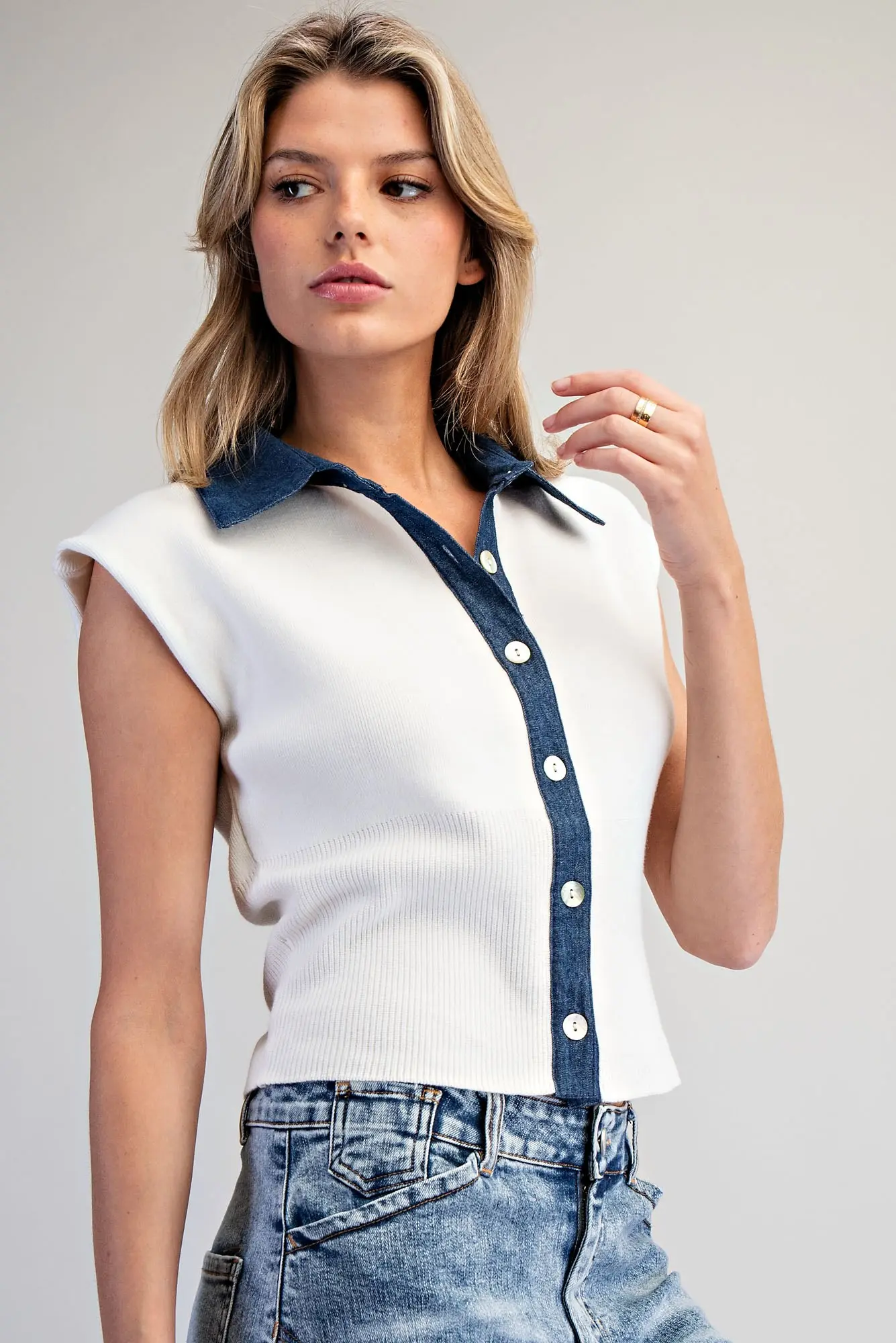 Denim Contrast Cap Sleeve Knit Top