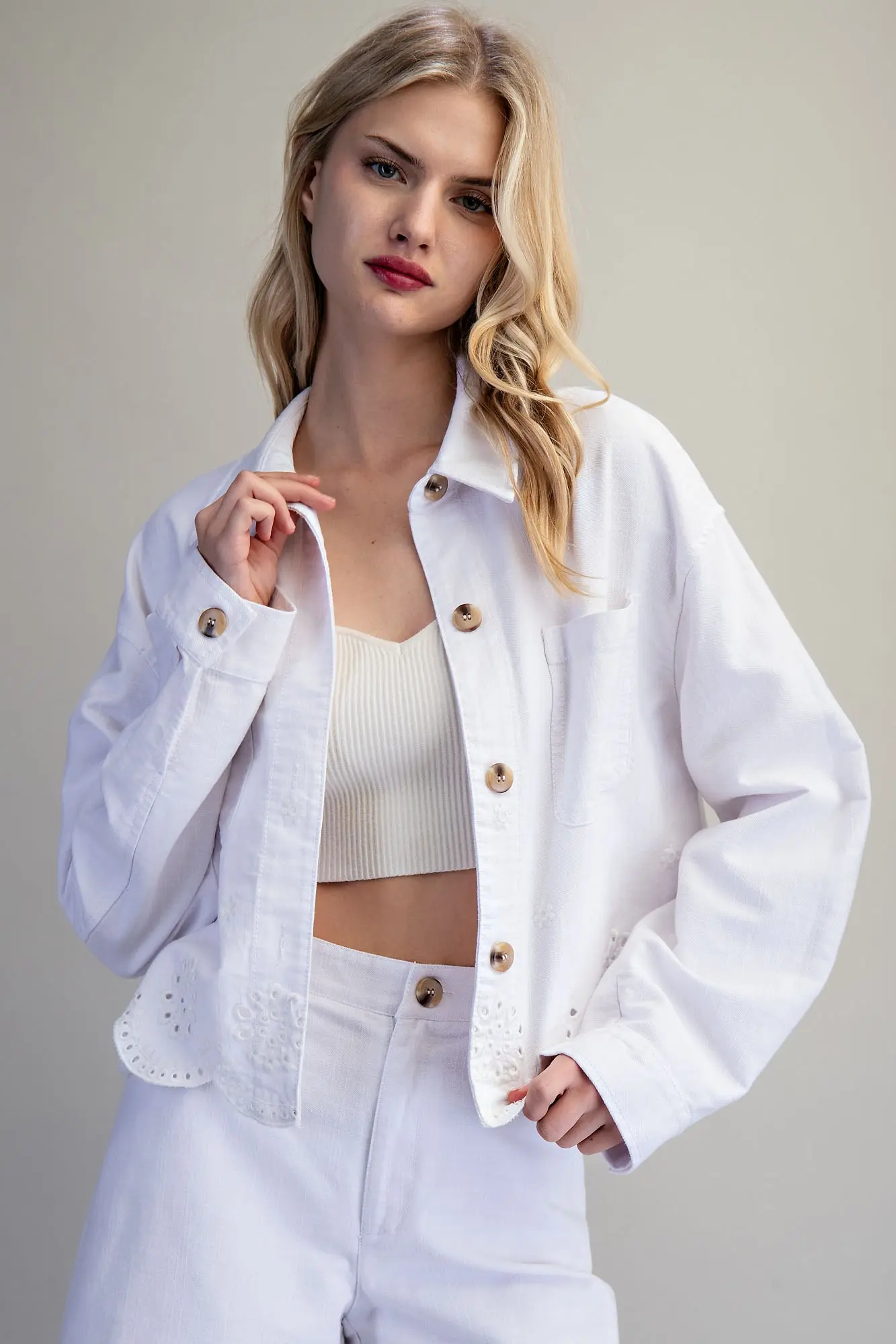 Button Down Eyelet Hem Jacket