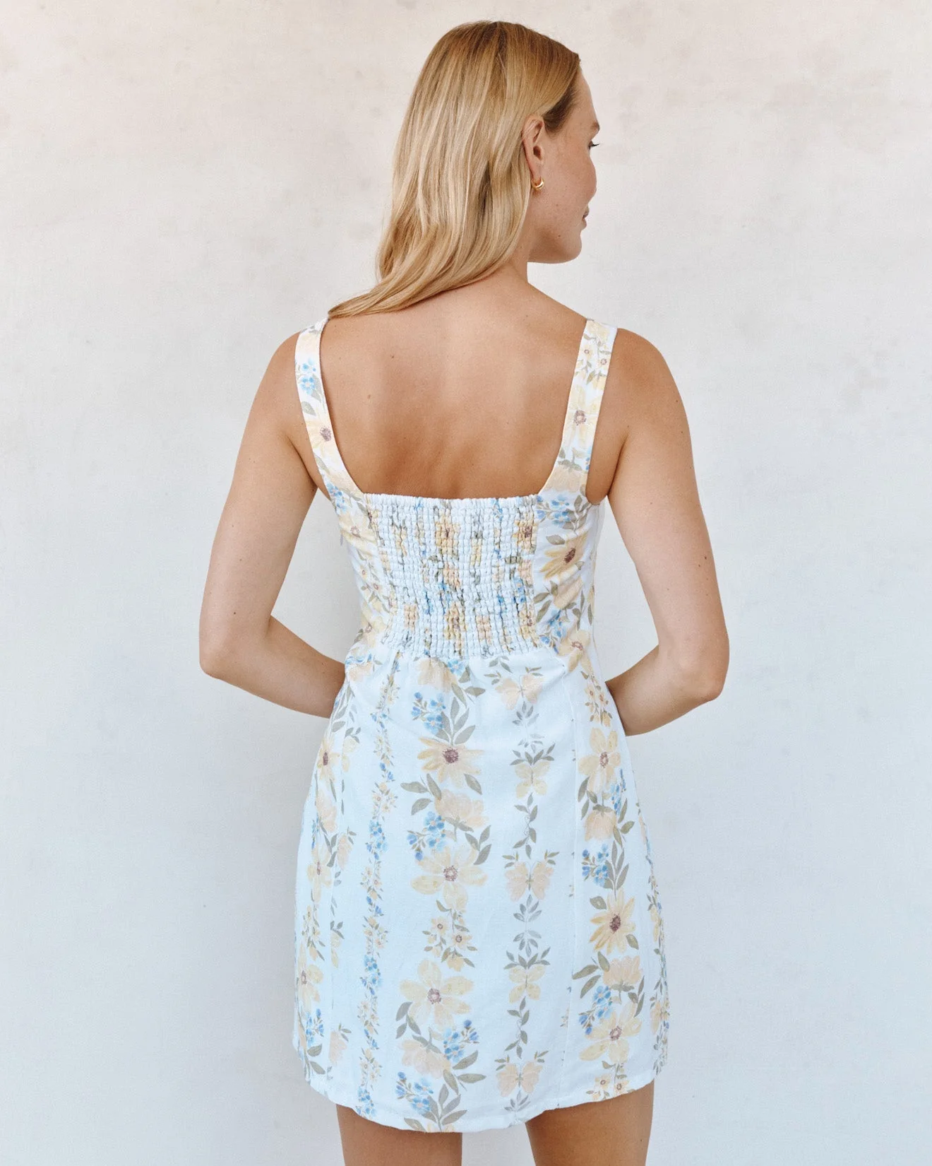 Fitted Smocked Back Mini Dress - Wildflower Stripes Print