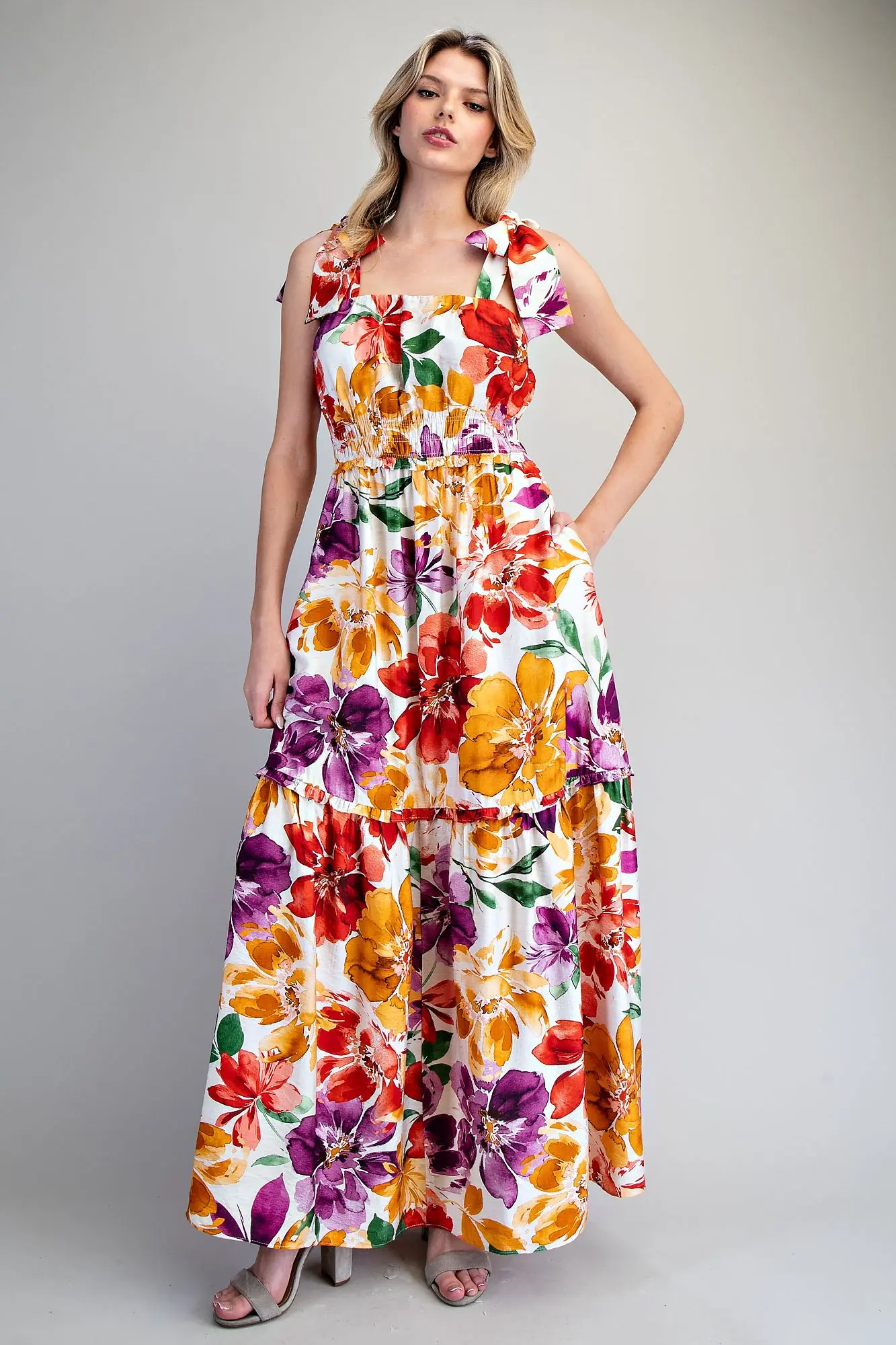 Floral Printed Tie Strap Maxi Dress