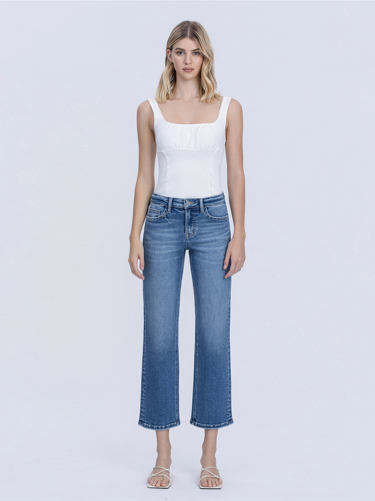 Mid Rise Medium Dark Wash Ankle Straight Jeans
